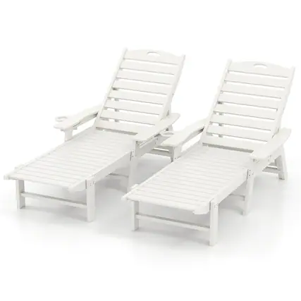 Front. Costway - Costway 2PCS Patio Lounge Chair Chaise Adjustable Weatherproof HDPE Cup Holder - White.
