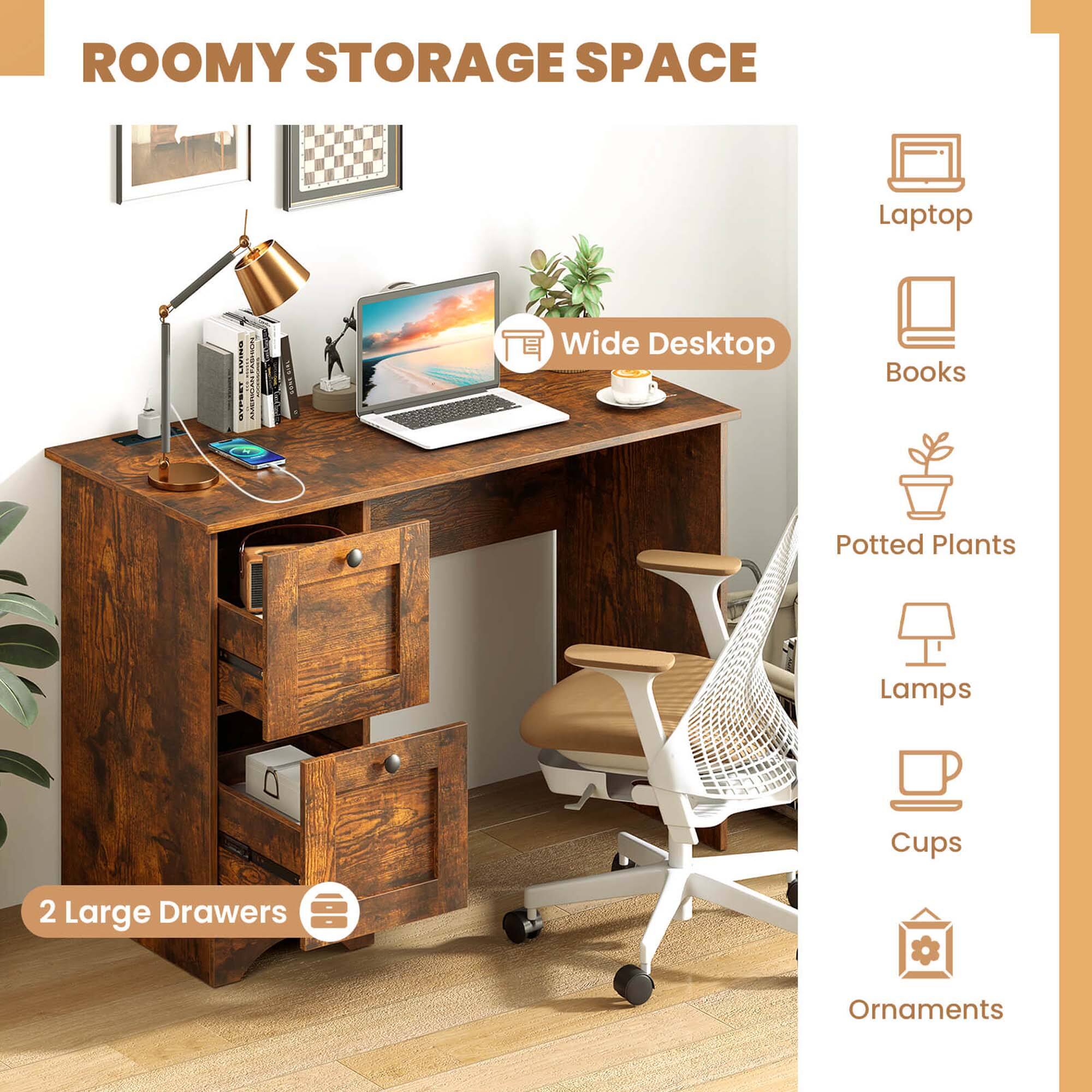 ROOMY STORAGE SPACE Laptop LVNS Wide Desktop Books Potted Plants Lamps Cups 2 Large Drawers a Ornaments