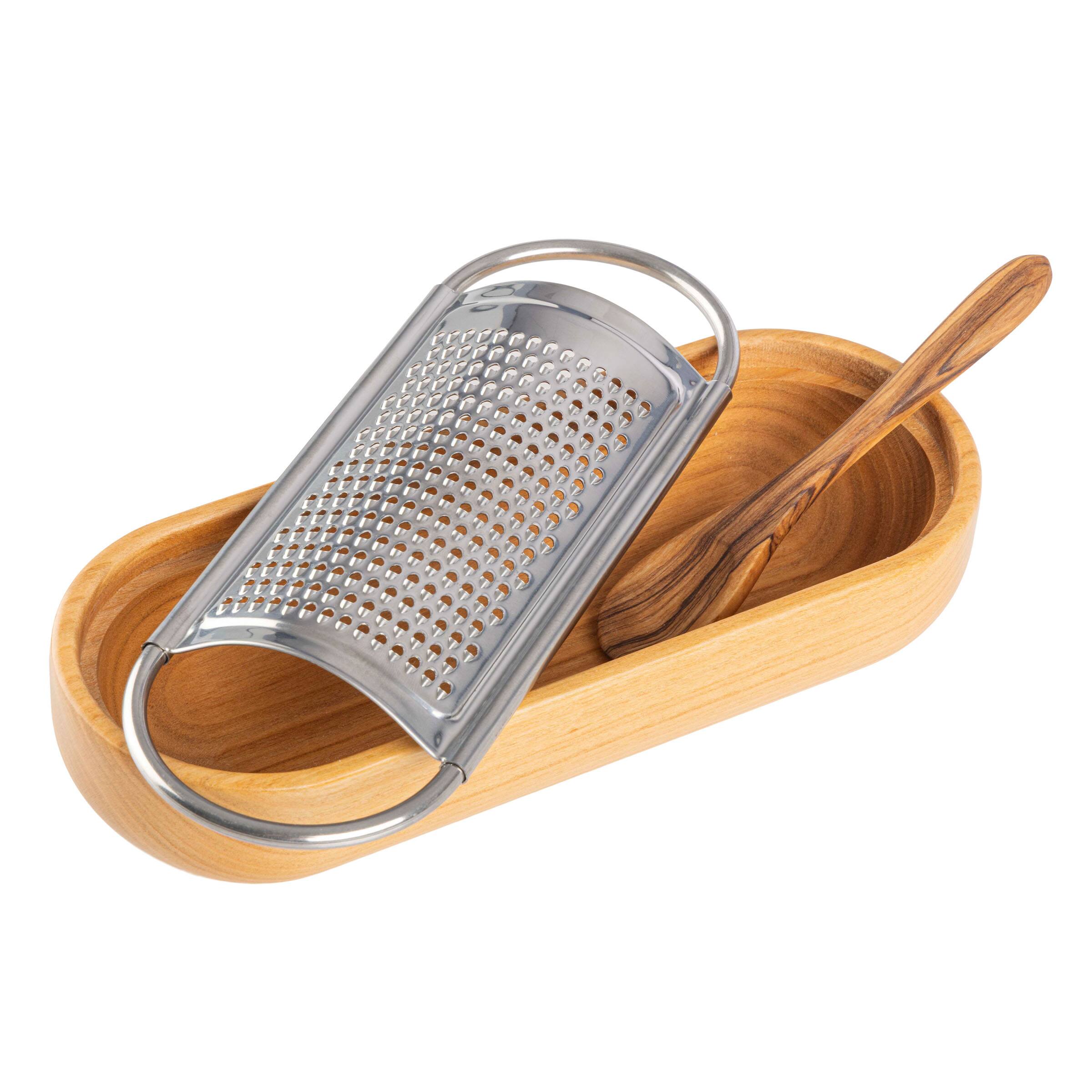 Left. Kings County Tools - Cheese Grater with Container - Silver and Brown.