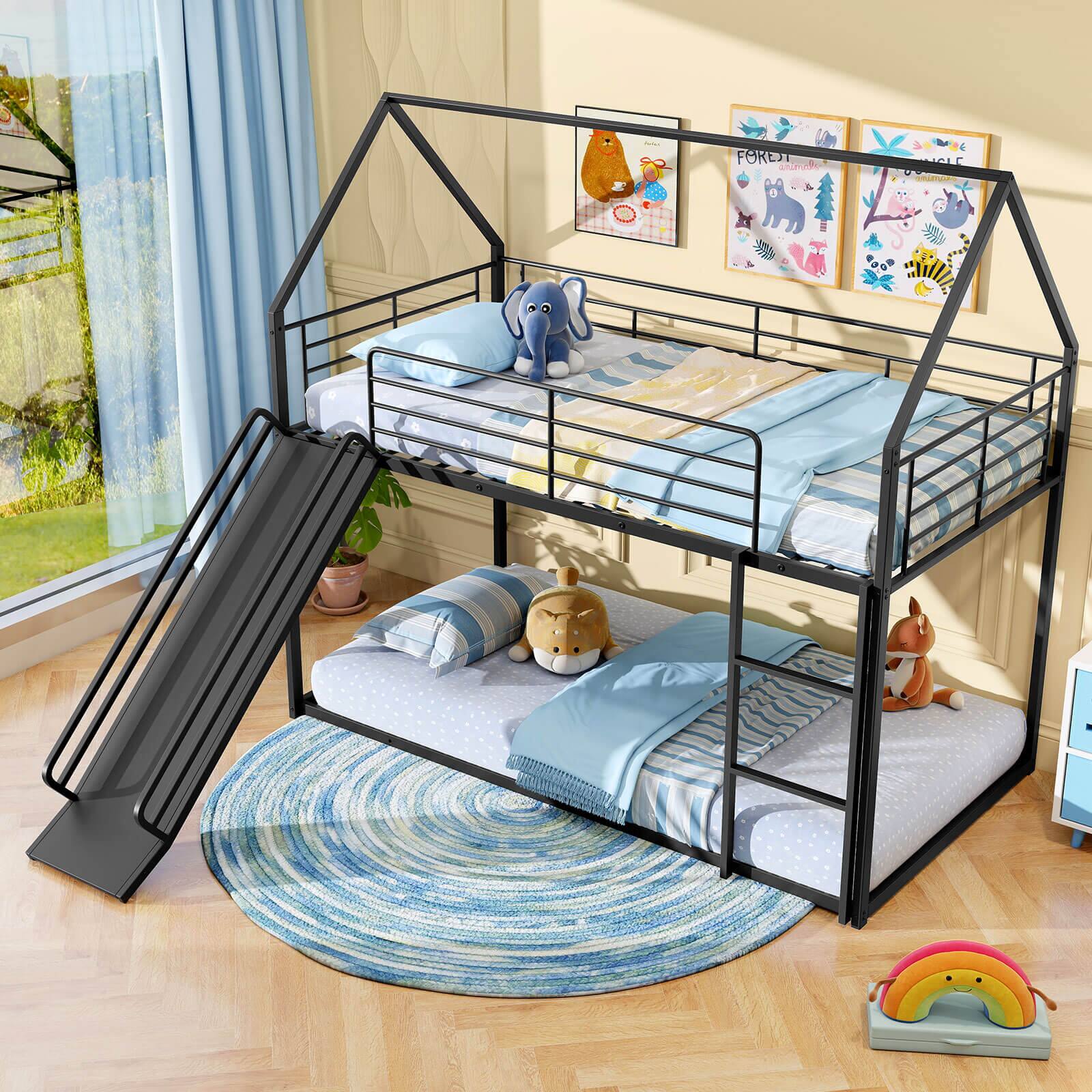 Alt View 3. Costway - Costway Twin Over Twin Low Bunk Bed House-shaped Metal Bunk Bed Frame with Safety Guardrail - Black.