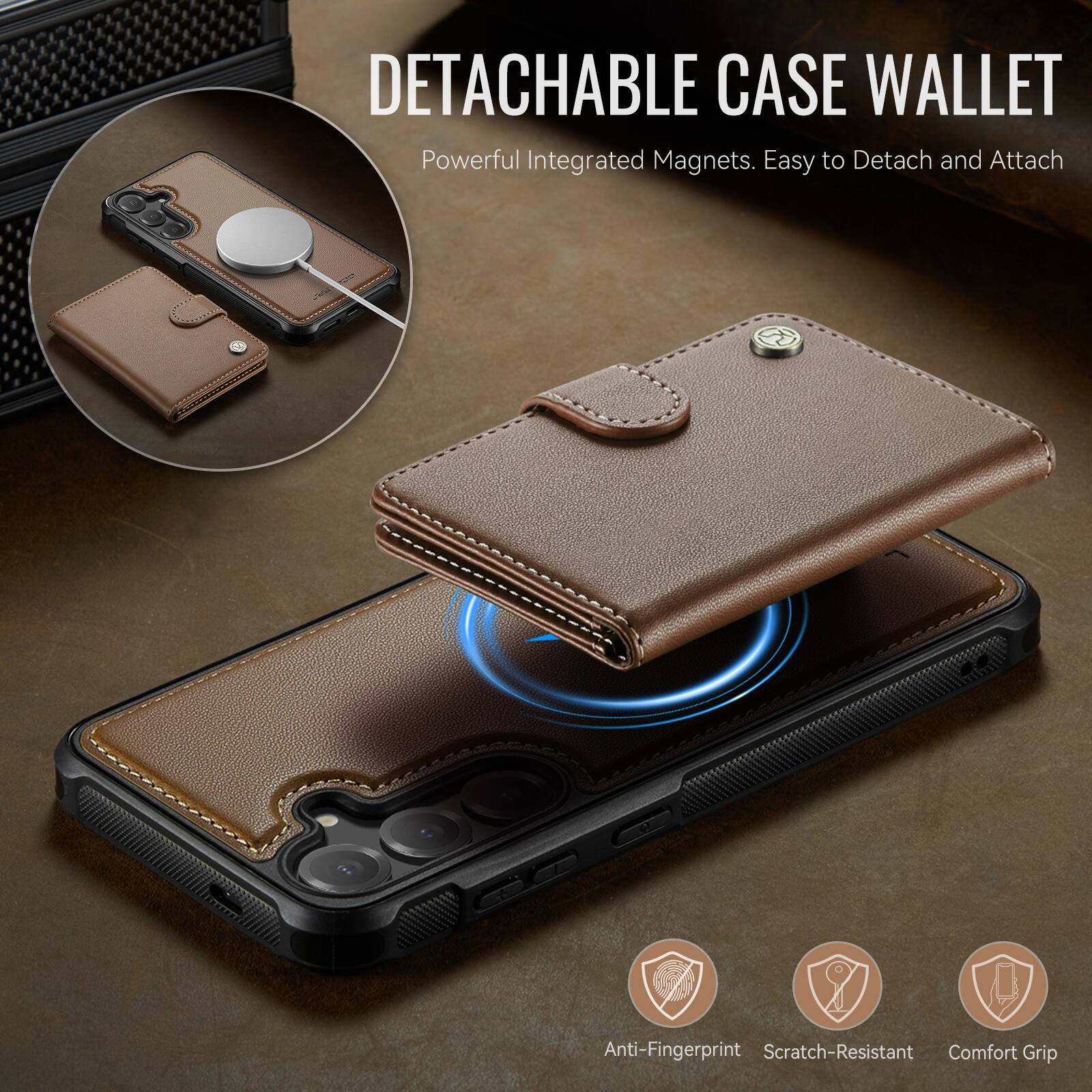 DETACHABLE CASE WALLET  
Powerful Integrated Magnets. Easy to Detach and Attach  

2 Anti-Fingerprint Scratch-Resistant Comfort Grip
