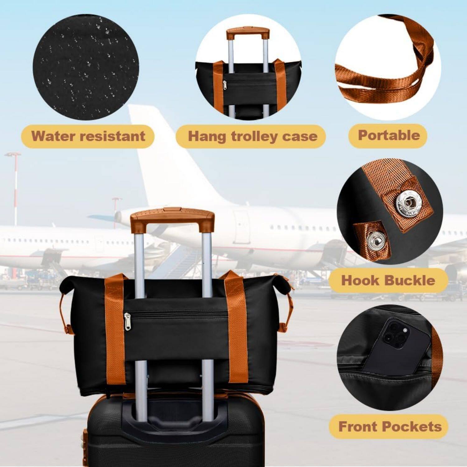 - Water resistant
- Hang trolley case
- Portable
- Hook Buckle
- Front Pockets