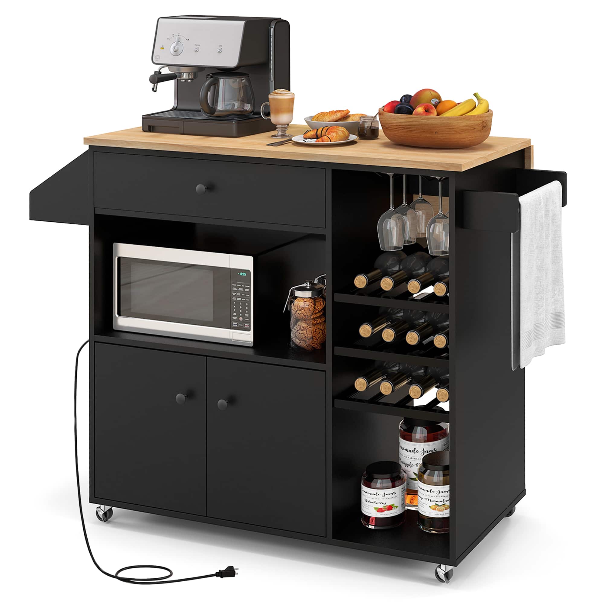 Gymax - Kitchen Island Cart w/ Drop-Leaf & Power Outlet Microwave Shelf Wine Rack Drawer Black - Black, Natural