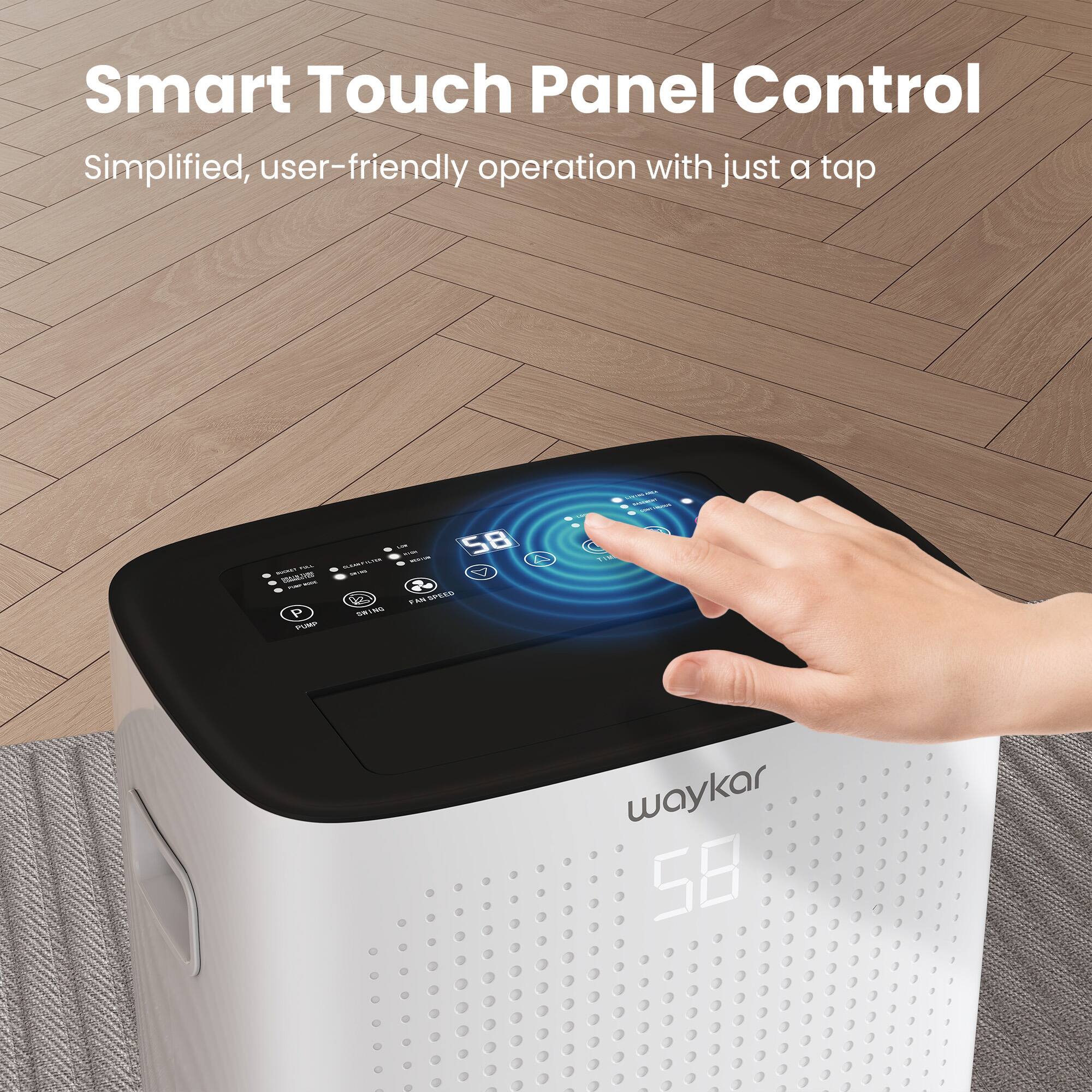 Smart Touch Panel Control  
Simplified, user-friendly operation with just a tap  

- FILL UNLTE PURE" P PUND  
LIN - MODION 58  
- FANSPEED FAN 7. SWING  
9  
SAVIDOL MICK AREA COMICIAL TIM  
waykar 58