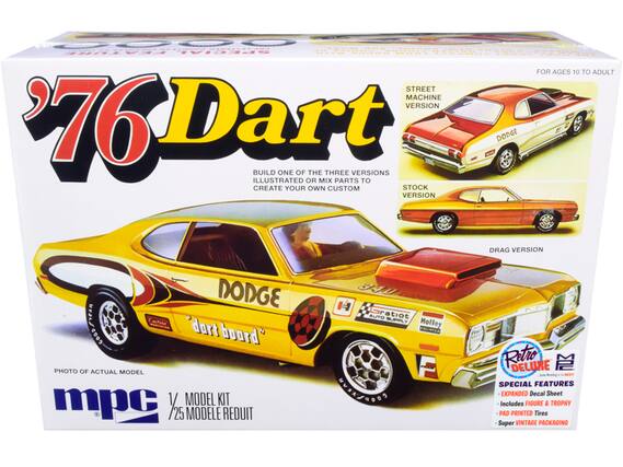 **FEATURE SPECIAL**
**'76 Dart**
**FOR AGES 10 TO ADULT**
**BUILD ONE OF THE THREE VERSIONS ILLUSTRATED OR MIX PARTS TO CREATE YOUR OWN CUSTOM**
- STREET MACHINE VERSION
- STOCK VERSION
- DRAG VERSION
**SPECIAL FEATURES**
- EXPANDED Decal Sheet
- Includes FIGURE & TROPHY
- PAD PRINTED Tires
- Super VINTAGE PACKAGING
**PHOTO OF ACTUAL MODEL**
**mpc**
**1/25 MODEL KIT**
**MODELE REDUIT**
**Retro DELUXE**
**SPECIAL FEATURES**
- EXPANDED Decal Sheet
- Includes FIGURE & TROPHY
- PAD PRINTED Tires
- Super VINTAGE PACKAGING
**DODGE**
**340**
**Holley**
**Coratior AUTO SPARE**
**art board"**
**FOR AGES 10 TO ADULT**