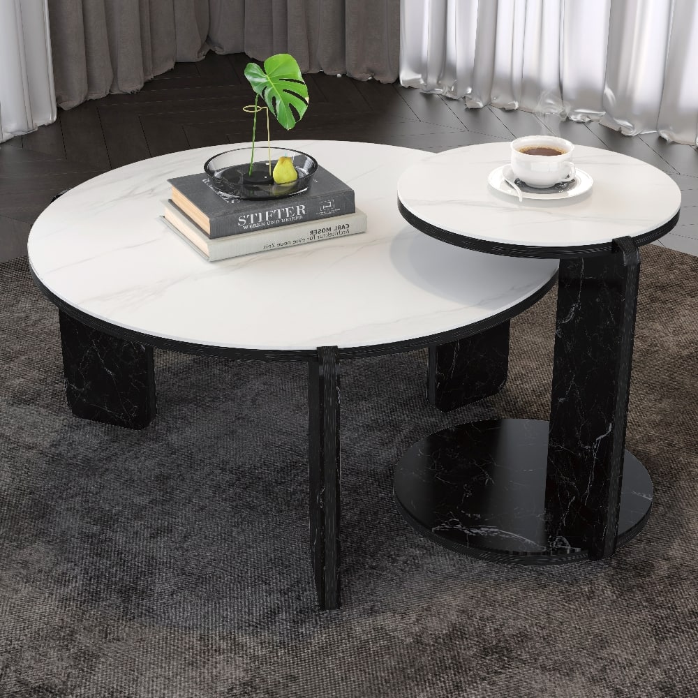 Loheer- Set of 2 Round Nesting Coffee Table Sintered Stone- White