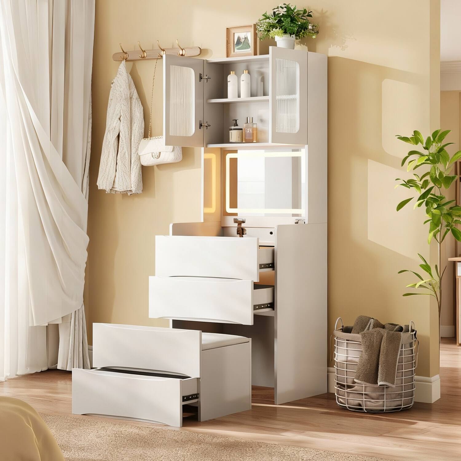 Angle. Lirago - White Dresser Table Desk with LED Mirror Wood Dressing Table Storage Stool 15.35”D x 18.89”W x 62.99”H - White.