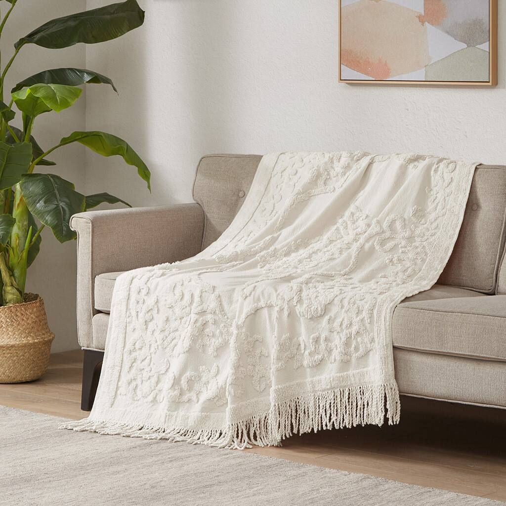 Alt View 1. Gracie Mills - Gracie Mills Butler Bohemian Cotton Tufted Chenille Throw with Fringe Tassel 50" x 60" - Ivory.