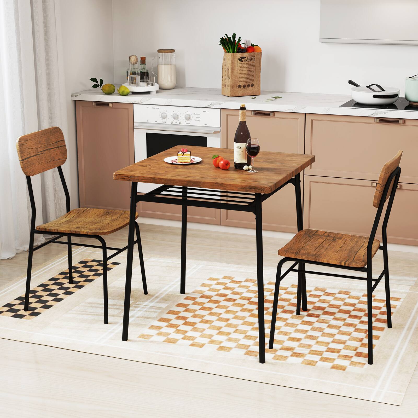 Alt View 3. Gymax - Gymax 3-Piece Wood Square Kitchen Table & Chair Set w/ Metal Frame Storage Rack - Black, Brown.