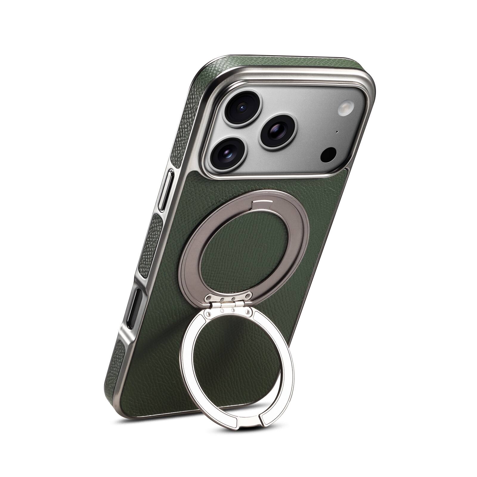 Angle. Dteck - for Apple iPhone 17 Pro Magnetic Case,Slim PU Leather Texture Cover with Metal Ring Holder,Shockproof Non-Slip Cover - Green.