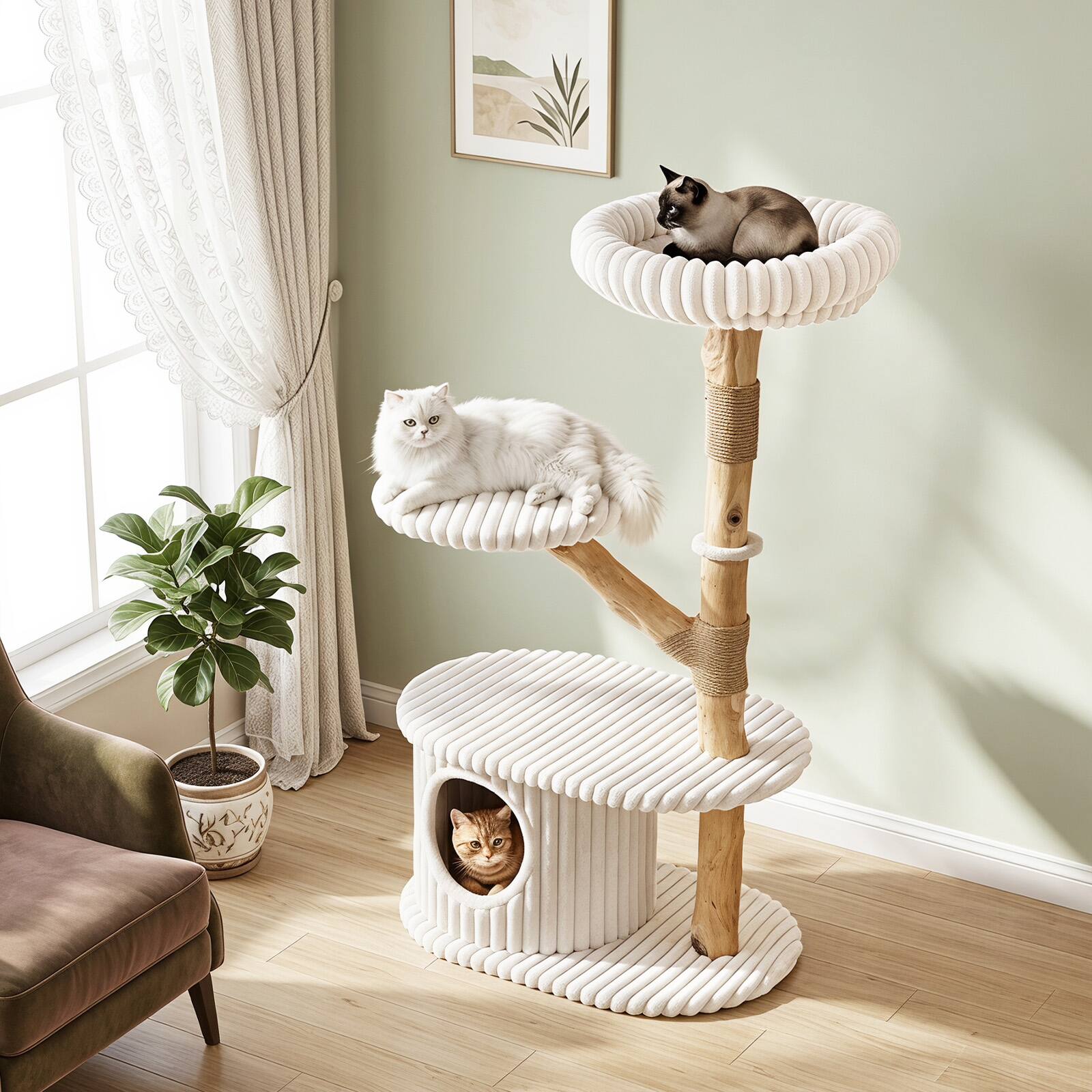 Alt View 3. Gymax - Gymax 41 Inch Tall Modern Cat Tower w/Real Wood Branches Scratching Posts Cozy Bed Beige - Beige.