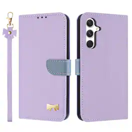 Dteck - For Samsung Galaxy S26+ Premium Leather Cute Bow-knot Card Slot Kickstand Flip Wallet Case With Crossbody/Wrist Strap - Purple