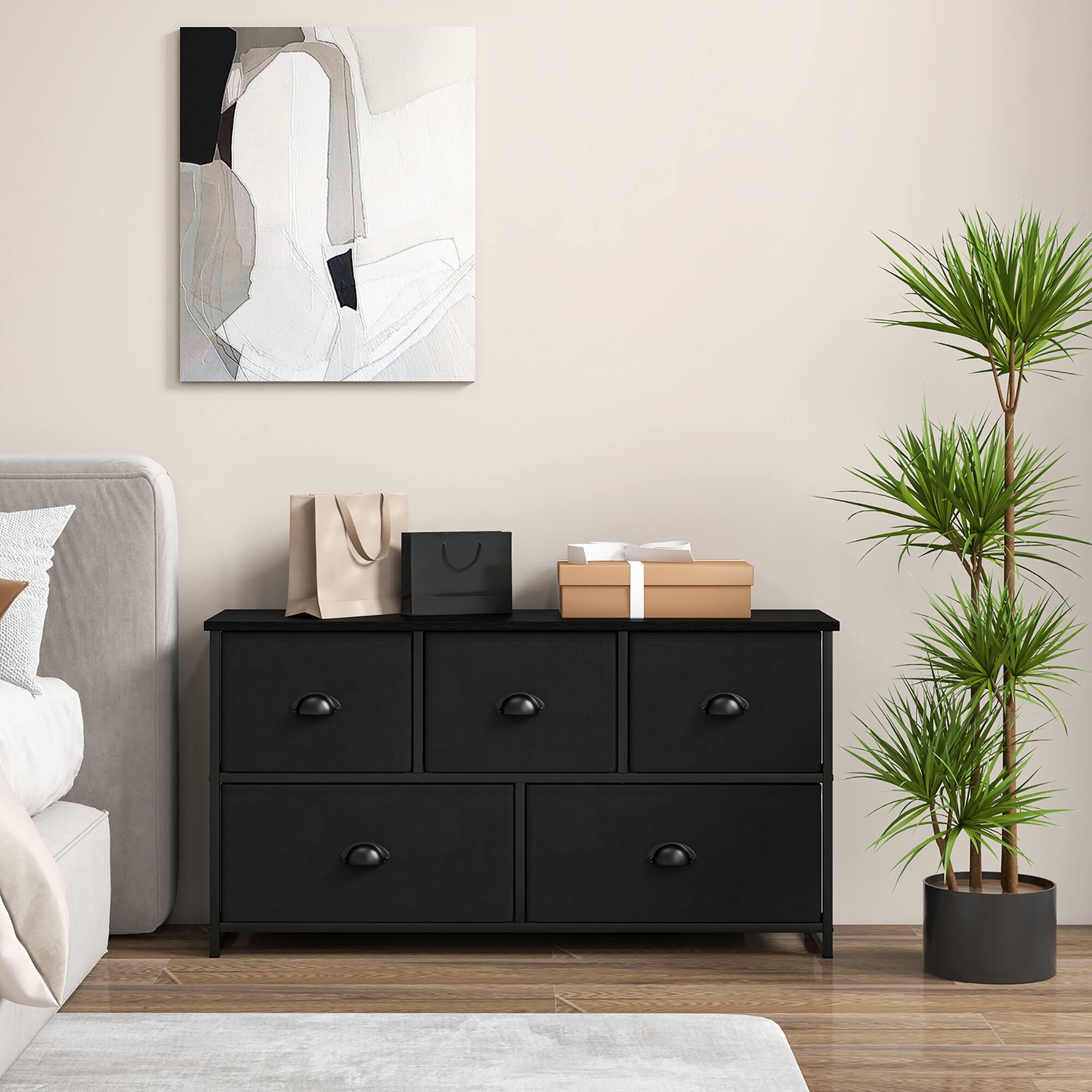 Alt View 3. Costway - Costway Fabric Dresser Storage Unit Side Table w/ 5 Drawers Metal Frame Black Table Top - Black.