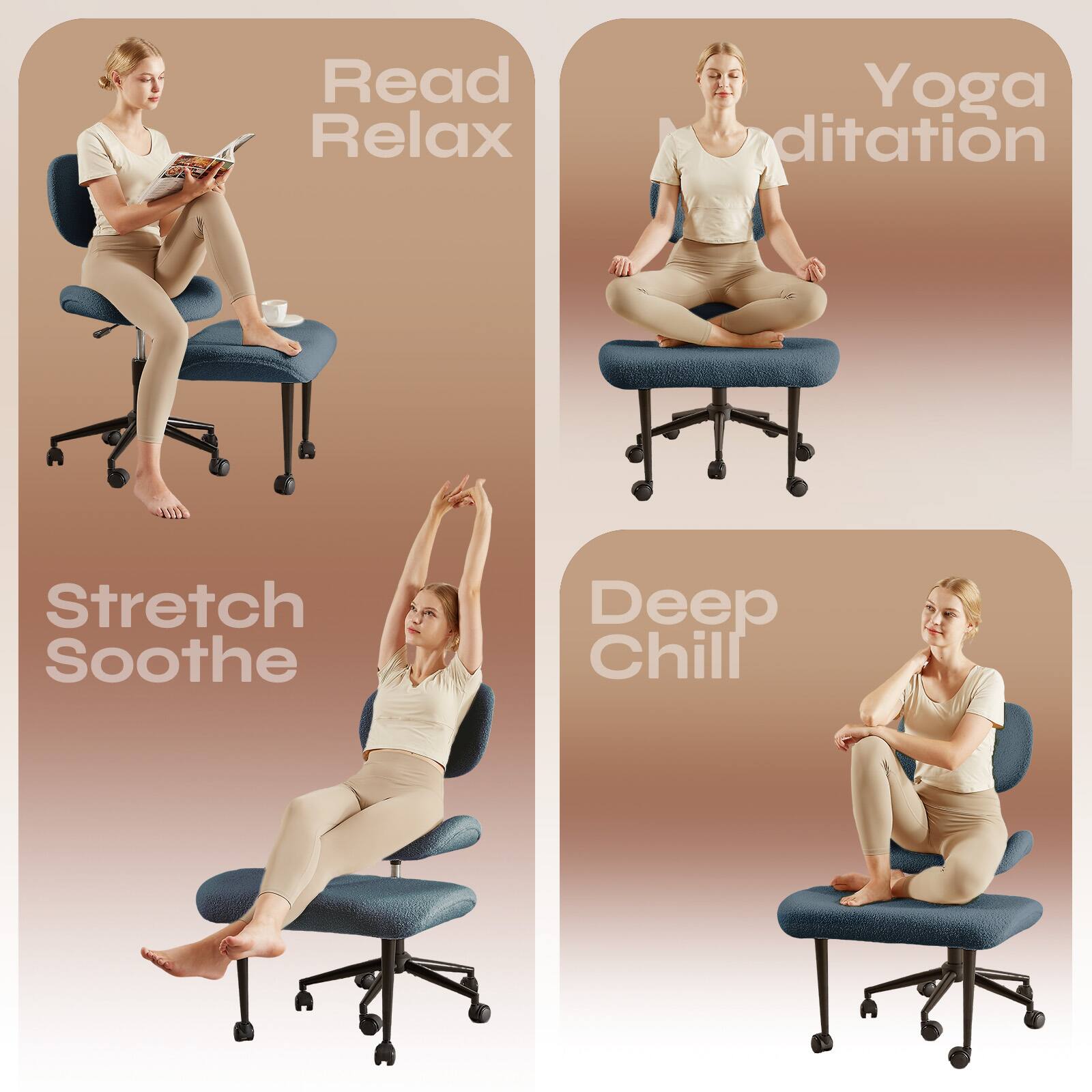 Read Relax  
Yoga Meditation  
Stretch Soothe  
Deep Chill
