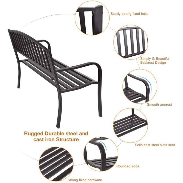 Sturdy strong fixed bolts  
Simply & Beautiful Backrest Design  
Smooth armrest  
Rugged Durable steel and cast iron Structure  
Solid cast steel slats seat  
Rounded edge  
Strong fixed hardware