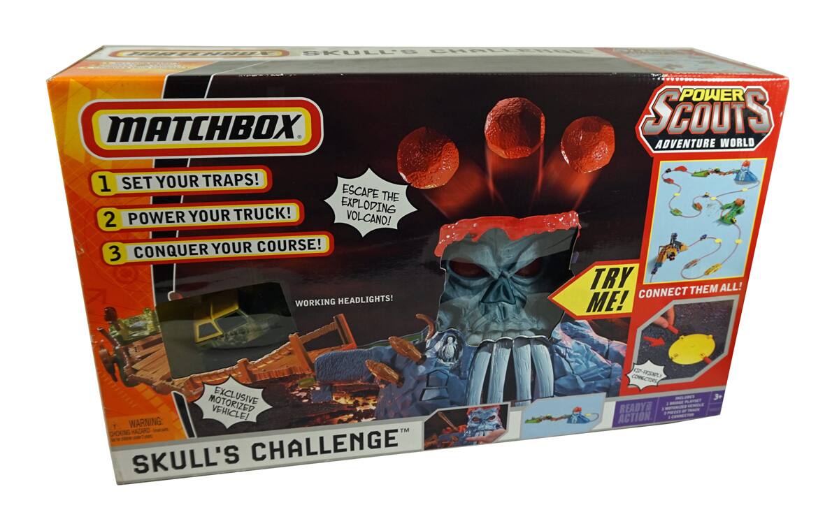 Sure, here is the corrected and grouped text from the image:

---

**MATCHBOX**

**POWER SCOUTS ADVENTURE WORLD**

1. SET YOUR TRAPS!
2. POWER YOUR TRUCK!
3. CONQUER YOUR COURSE!

**ESCAPE THE EXPLODING VOLCANO!**

**WORKING HEADLIGHTS!**

**EXCLUSIVE MOTORIZED VEHICLE!**

**TRY ME!**

**CONNECT THEM ALL!**

**SKULL'S CHALLENGE**

**WARNING: CHOKING HAZARD - SMALL PARTS. NOT FOR CHILDREN UNDER 3 YEARS.**

**READY FOR ACTION!**

**INCLUDES:**
- 1 MOTORIZED VEHICLE
- 3 POWERED VEHICLES

**POWER SCOUTS ADVENTURE WORLD**

**SKULL'S CHALLENGE**

**TRY ME!**

**CONNECTORS**

**READY FOR ACTION!**

---

This text is grouped and corrected to reflect the information on the packaging.