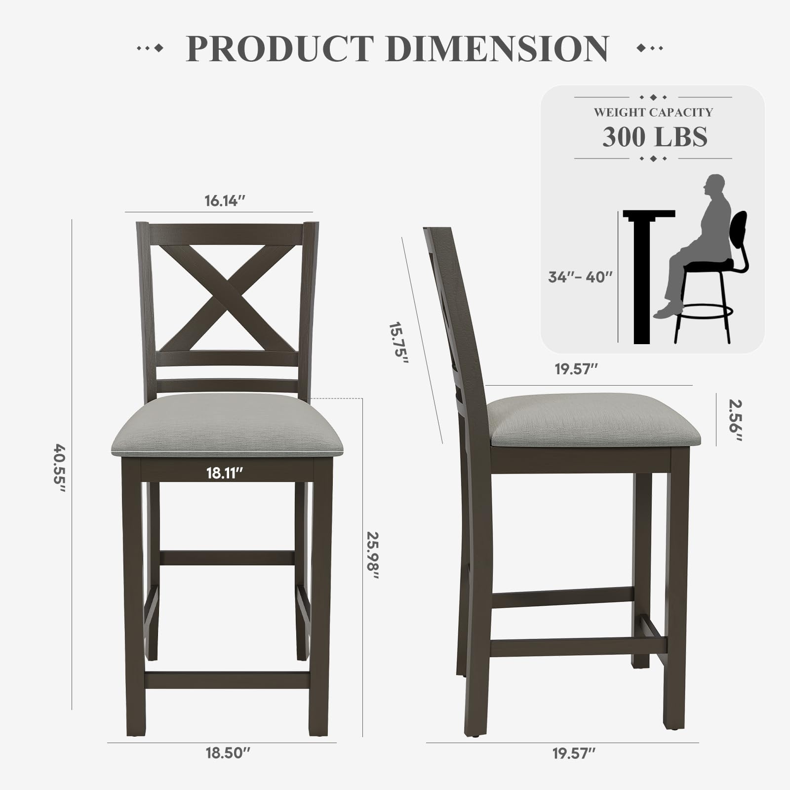 **PRODUCT DIMENSION**

- WEIGHT CAPACITY: 300 LBS

- HEIGHT: 40.55"
- SEAT HEIGHT: 18.11"
- SEAT WIDTH: 18.50"
- SEAT DEPTH: 19.57"
- BACK HEIGHT: 16.14"
- BACK WIDTH: 15.75"
- ARM HEIGHT: 34"-40"
- ARM WIDTH: 19.57"
- LEG WIDTH: 2.56"