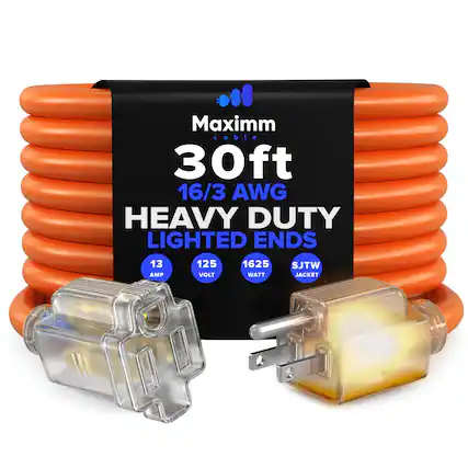 Maximm Cable
30ft
16/3 AWG
HEAVY DUTY
LIGHTED ENDS
13 AMP
125 VOLT
1625 WATT
SJTW JACKET