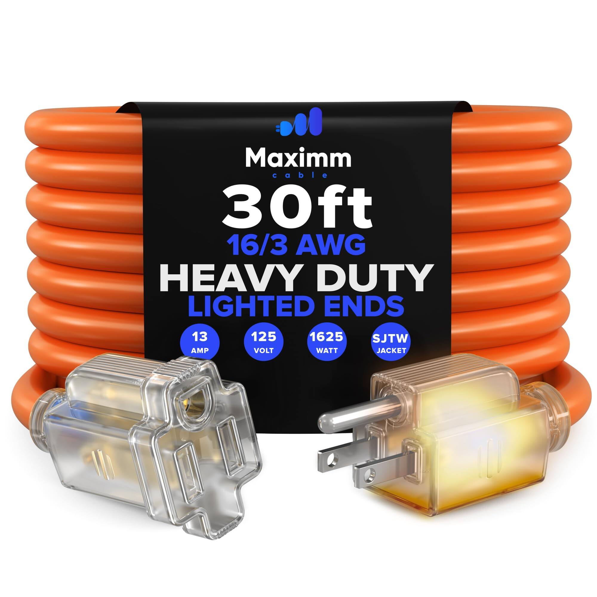 Maximm Cable  
30ft  
16/3 AWG  
HEAVY DUTY  
LIGHTED ENDS  
13 AMP  
125 VOLT  
1625 WATT  
SJTW JACKET