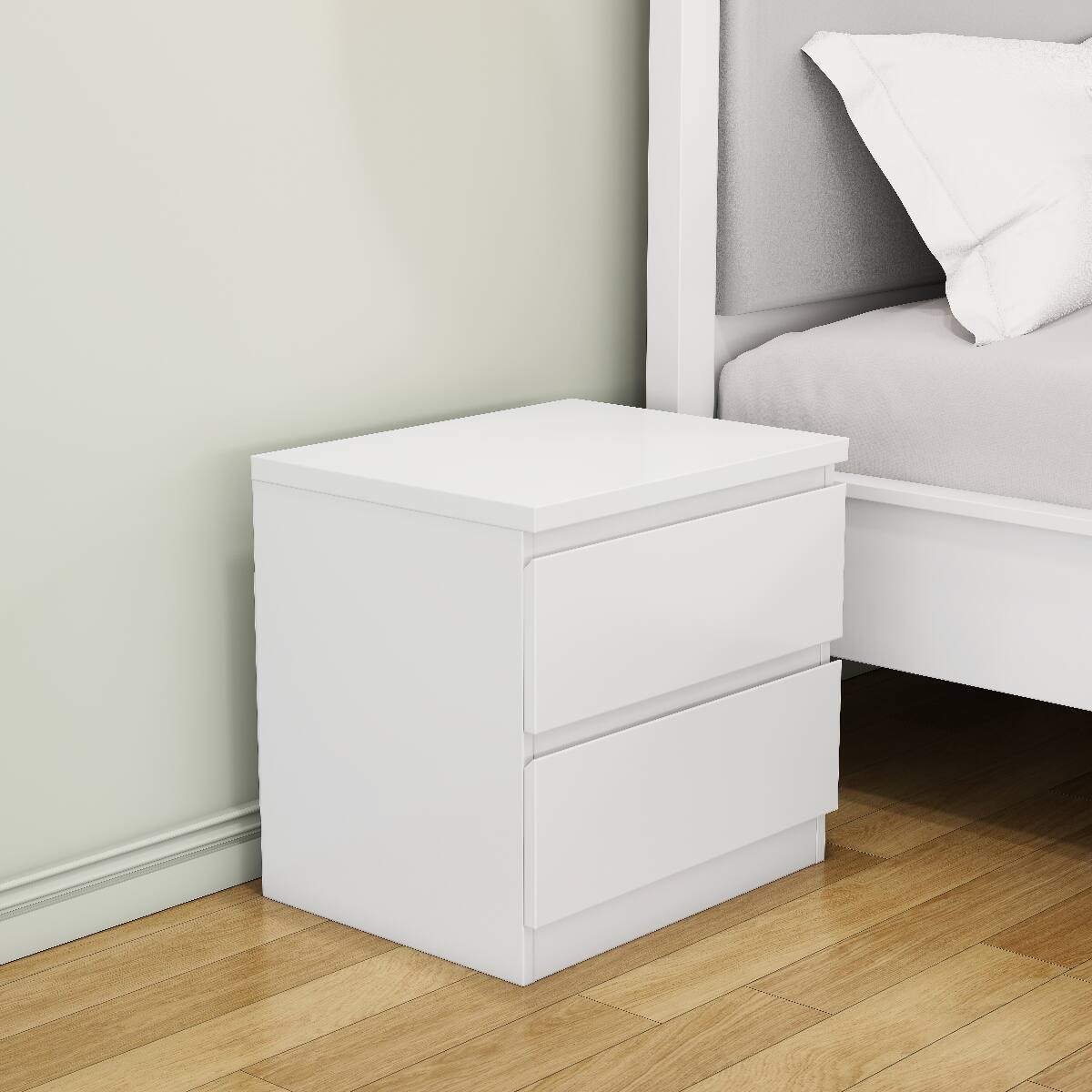 Front. Loheer - Loheer White Nightstand with 2 Drawers, Handle-Free Design, Compact Bedroom Bedside Table - White.