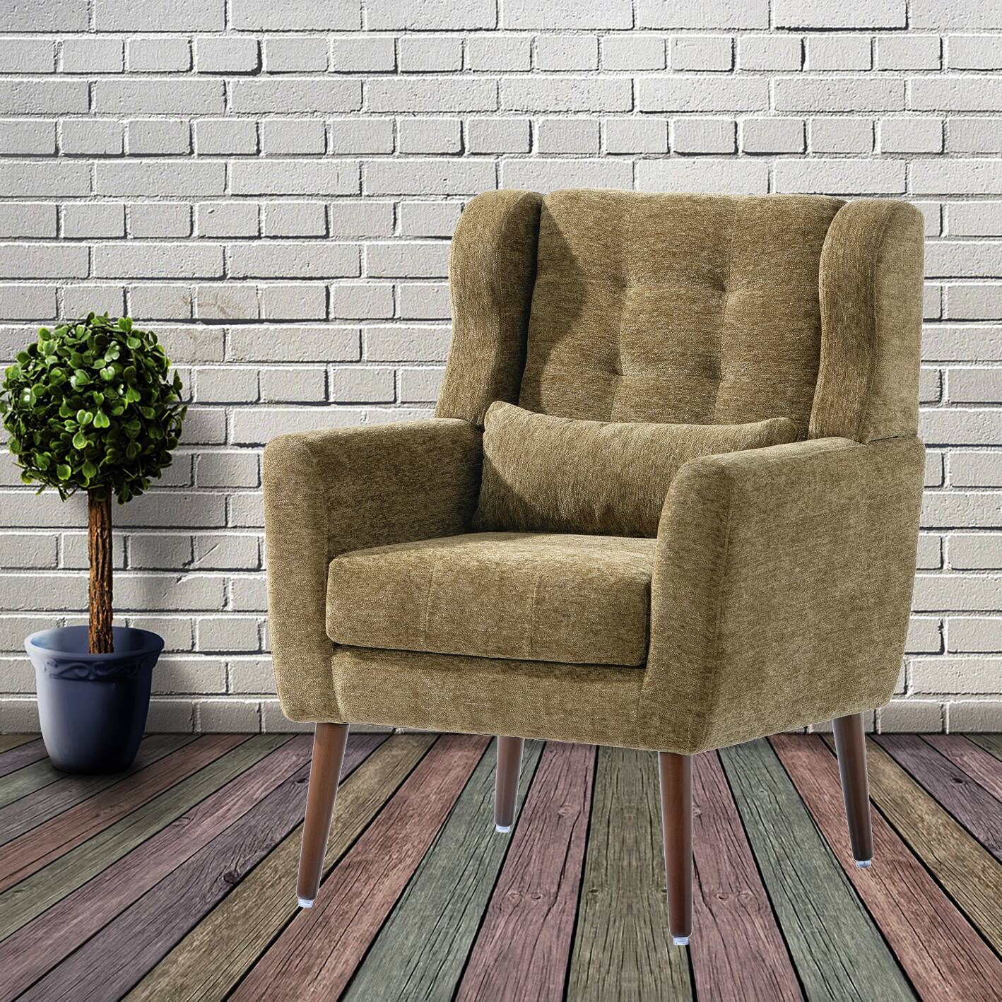 Angle. Trinkets Crazed - Modern Wingback Living Room Chair, Upholstered Fabric Accent Armchair, Single Sofa Chair with Lounge Seat - Olive Green.