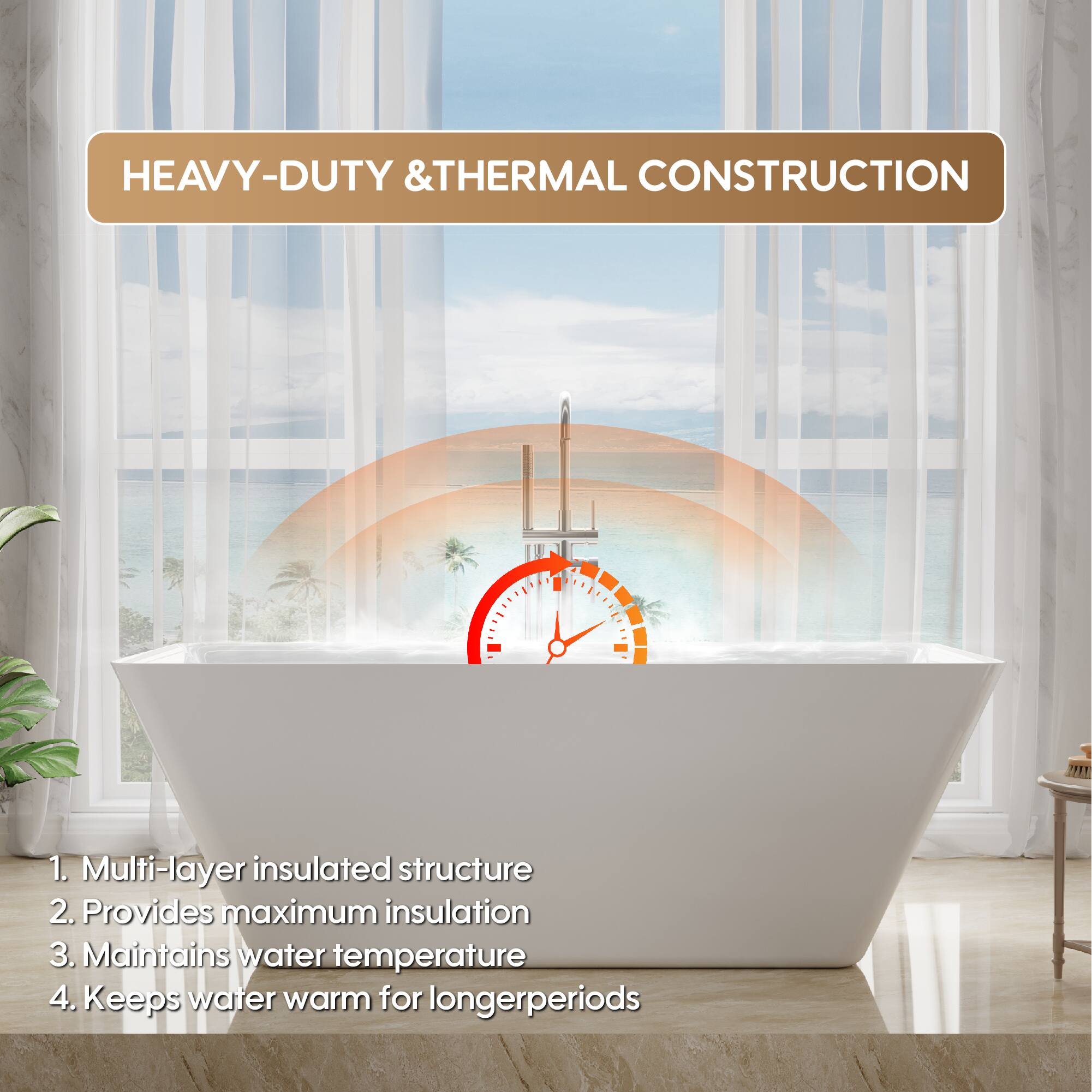 HEAVY-DUTY & THERMAL CONSTRUCTION

1. Multi-layer insulated structure
2. Provides maximum insulation
3. Maintains water temperature
4. Keeps water warm for longer periods