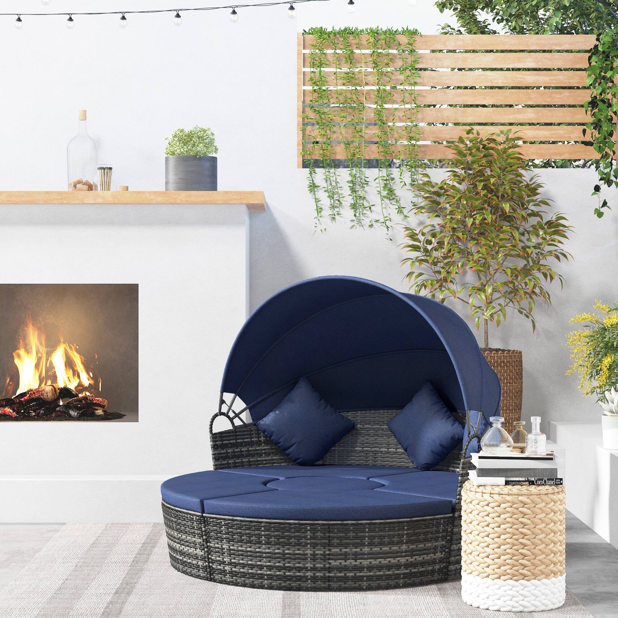 Alt View 1. Outsunny - Cushioned Outdoor Rattan Wicker Sunbed or Conversational Sofa Set with Sun Canopy - Dark Blue.