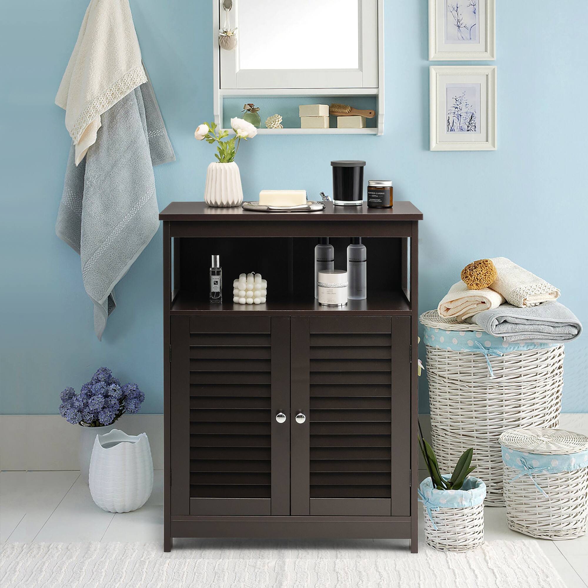 Alt View 2. Costway - Costway Bathroom Storage Wood Floor Cabinet with Double Shutter Door - Coffee.