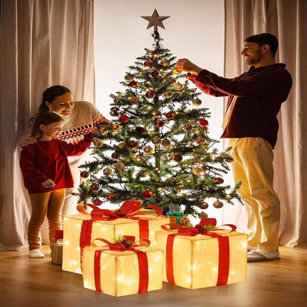 Back. RTMB - 3-Pack Lighted Christmas Gift Boxes, LED, Indoor/Outdoor Holiday Decor - Style: Red Bow Warmwhite Light.