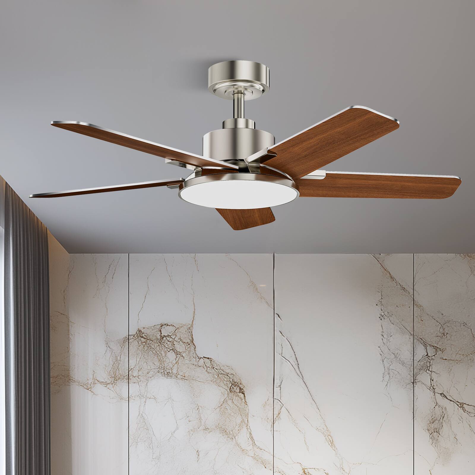 Angle. Siljoy - 44 Inch Nickel Ceiling Fan Dimmable LED Light Remote Control 5 Reversible Wood Blades Bedroom Living Room Kitchen - Nickel.