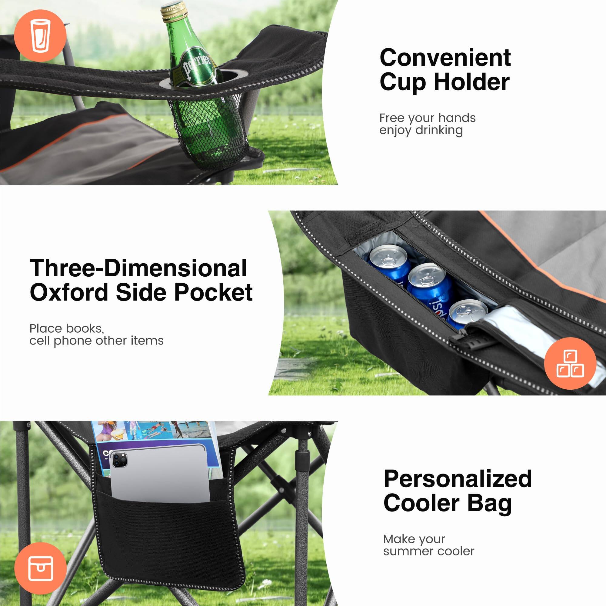 Convenient Cup Holder  
Free your hands enjoy drinking  

Three-Dimensional Oxford Side Pocket  
Place books, cell phone other items  

Personalized Cooler Bag  
Make your summer cooler
