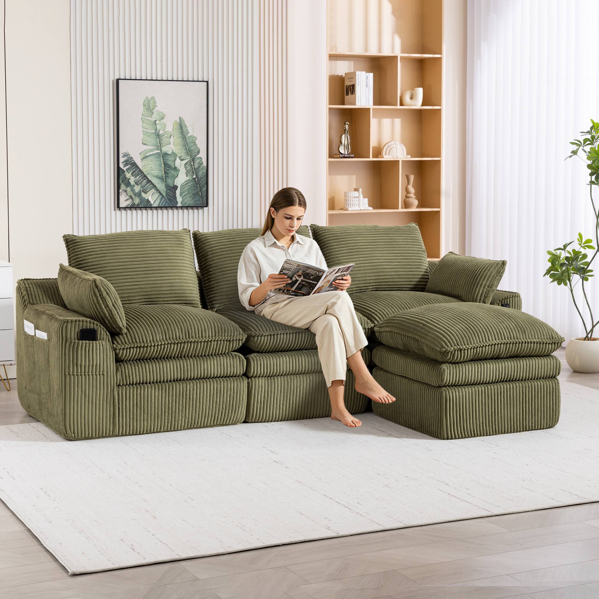 Alt View 6. Meqiodas - L Shaped Modular Sectional Sofa Modern Corduroy Boneless Couches with Movable Footstool, With Three Pillows - Emerald.