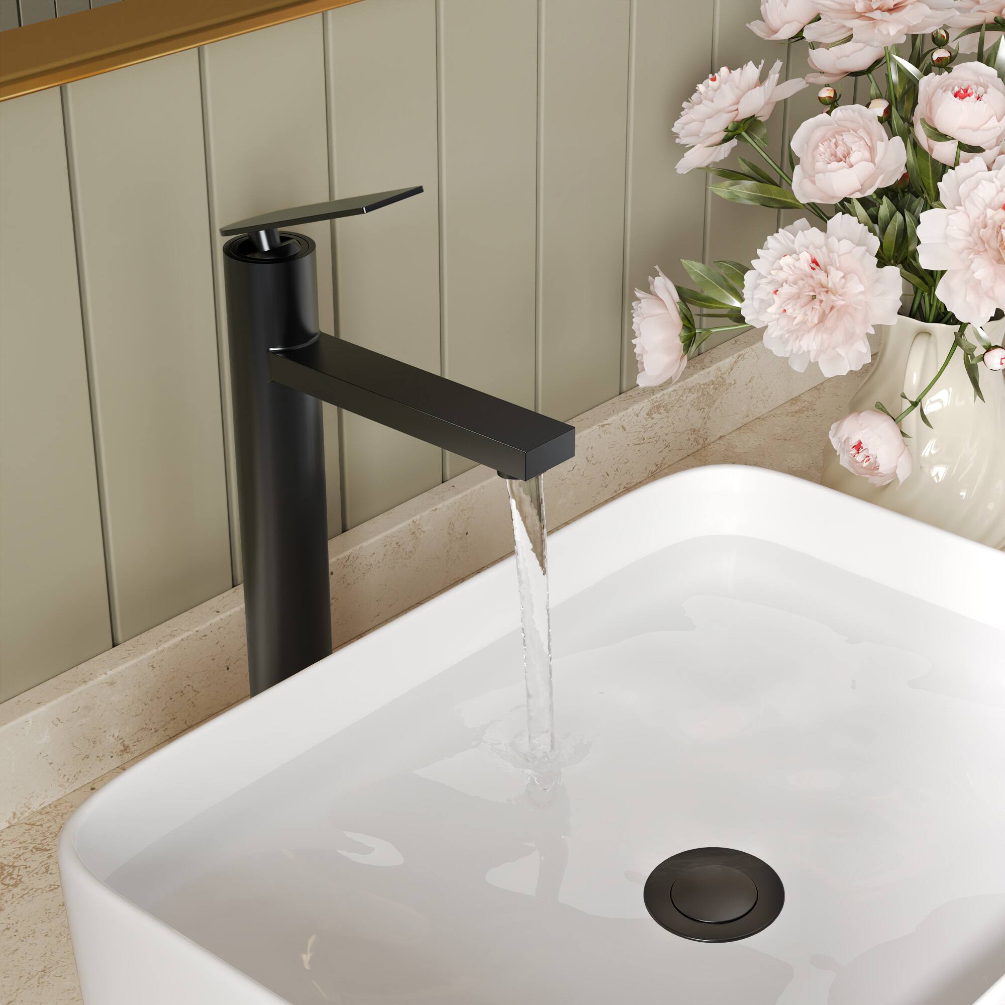 Alt View 6. GRANDJOY - Single Handle Vessel Bathroom Faucet with Pop-Up Drain, 12 in High-Arc Square Spout for Above Counter Sinks - Matte Black.