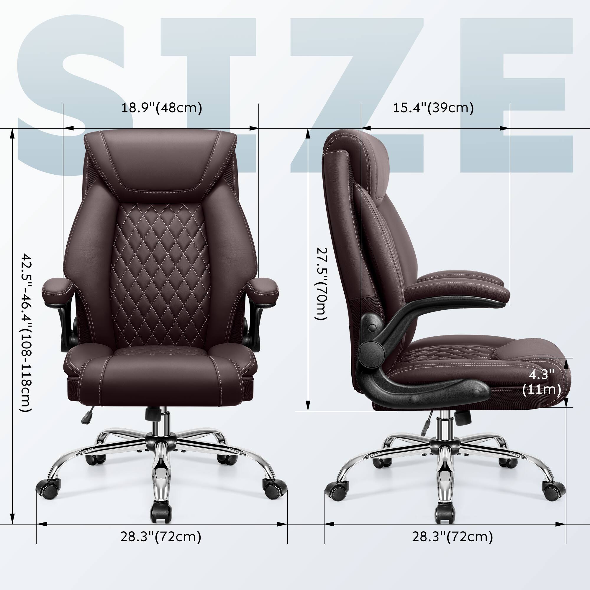 STZE  
18.9" (48cm)  
15.4" (39cm)  
27.5" (70cm)  
42.5"-46.4" (108-118cm)  
4.3" (11cm)  
28.3" (72cm)