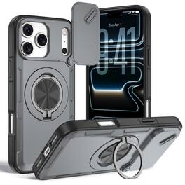 Dteck - Rotating Ring Kickstand For iPhone 17 Pro Max Case, Magnetic Shockproof Hard PC TPU Bumper Cover - Gray