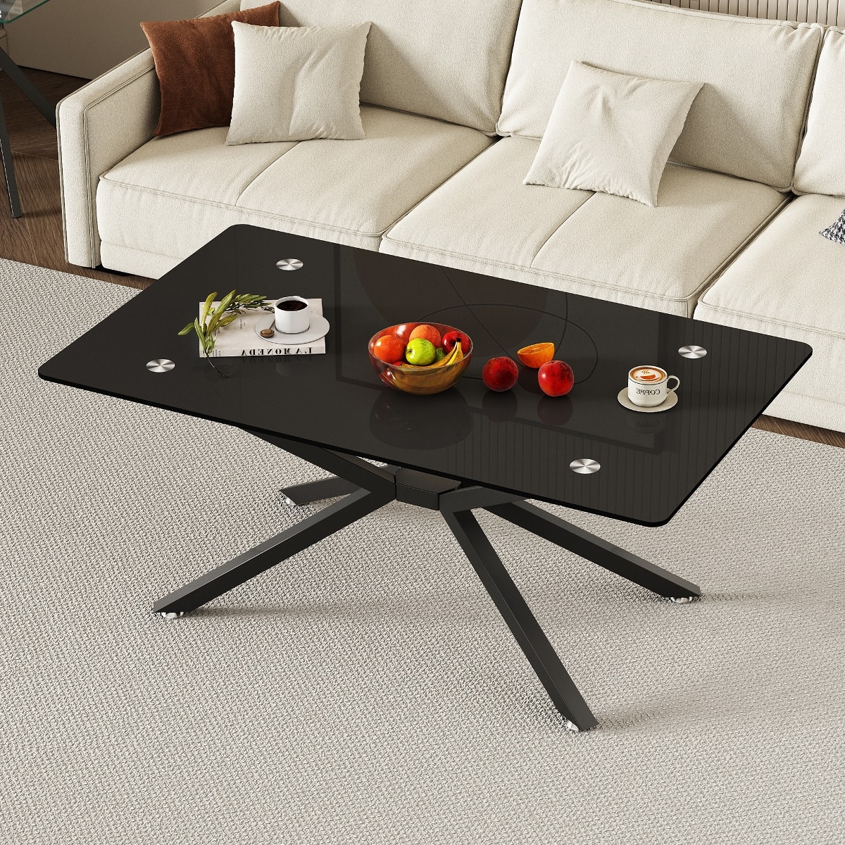 Loheer - Rectangular Glass Coffee Table with Metal Legs, 39 Inch Living Room Table - Black