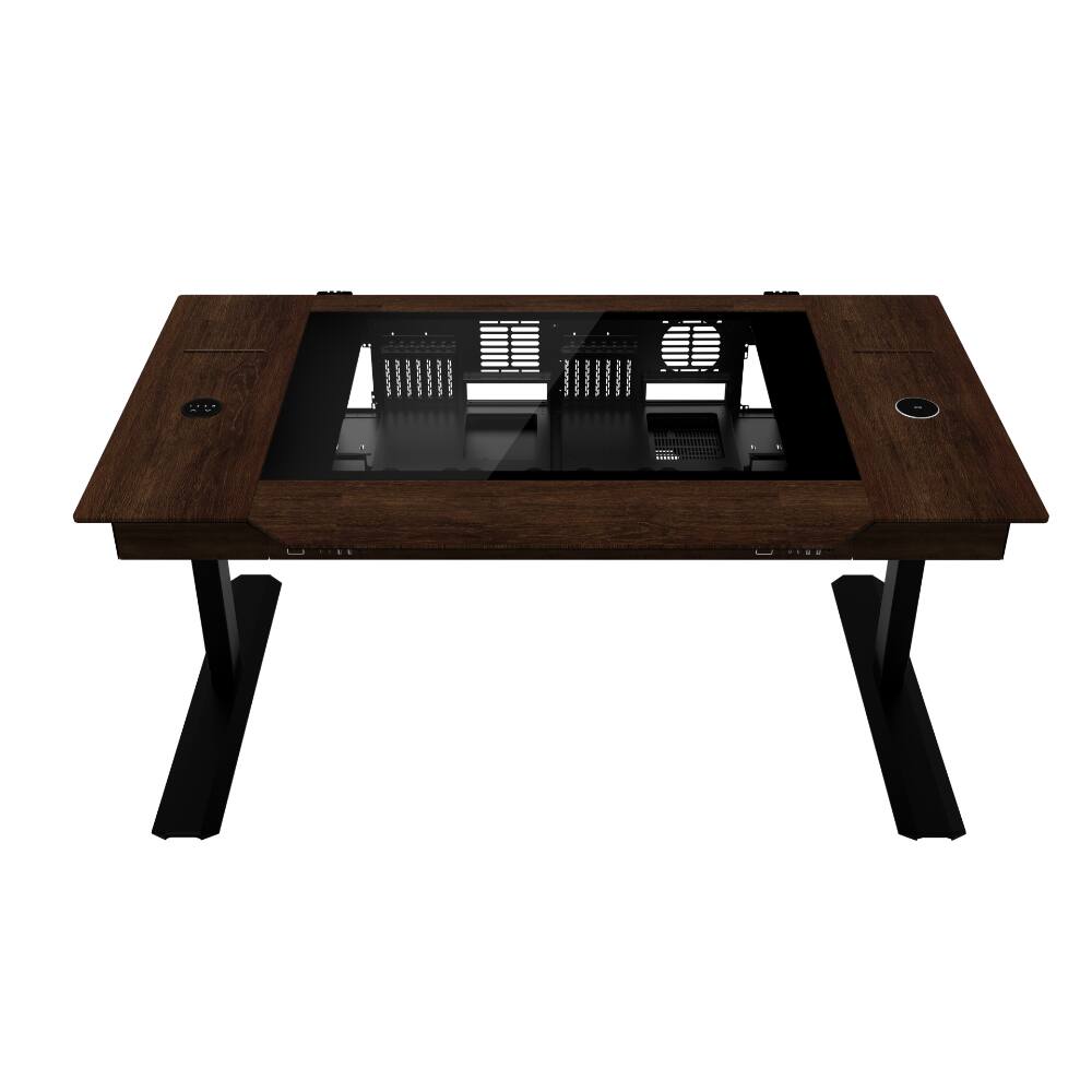 Front. Lian Li - DK-07 Wood Motorized Standing Desk | Dual E-ATX Ready, Real Wood Top, Built-in Wireless Charging, Height Adjustable - Black.