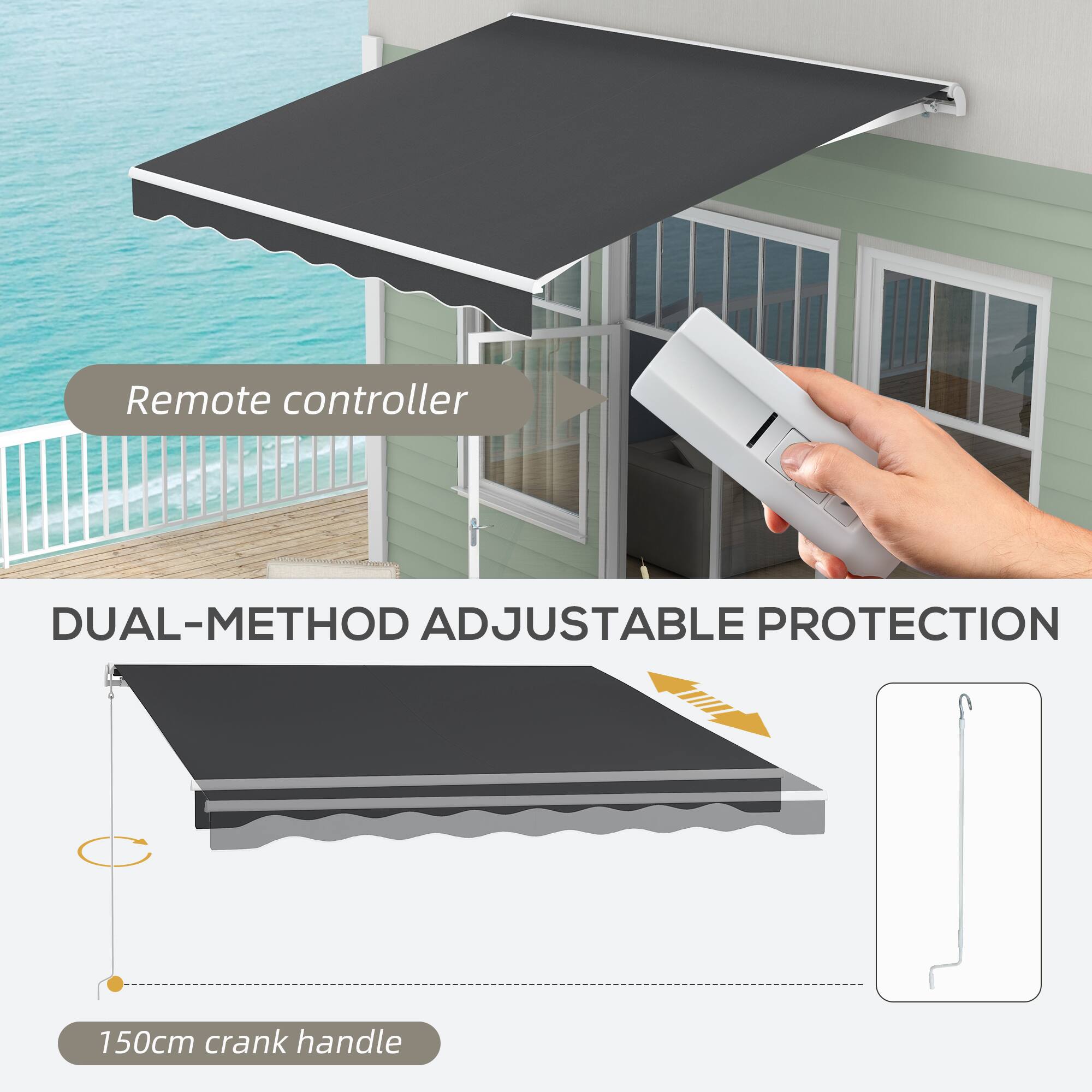 Remote controller  
DUAL-METHOD ADJUSTABLE PROTECTION  
150cm crank handle