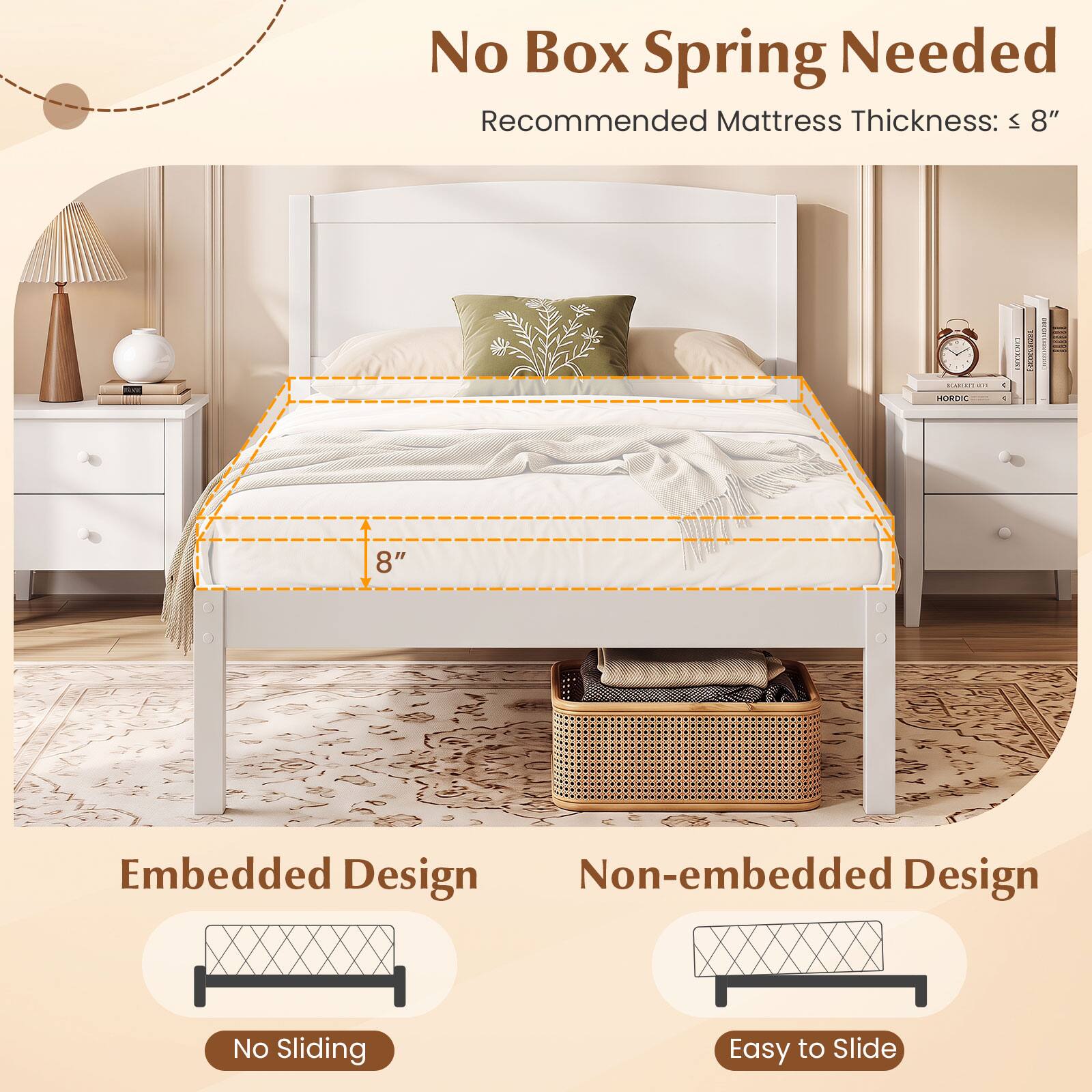 No Box Spring Needed  
Recommended Mattress Thickness: ≤ 8"  

Embedded Design  
No Sliding  

Non-embedded Design  
Easy to Slide