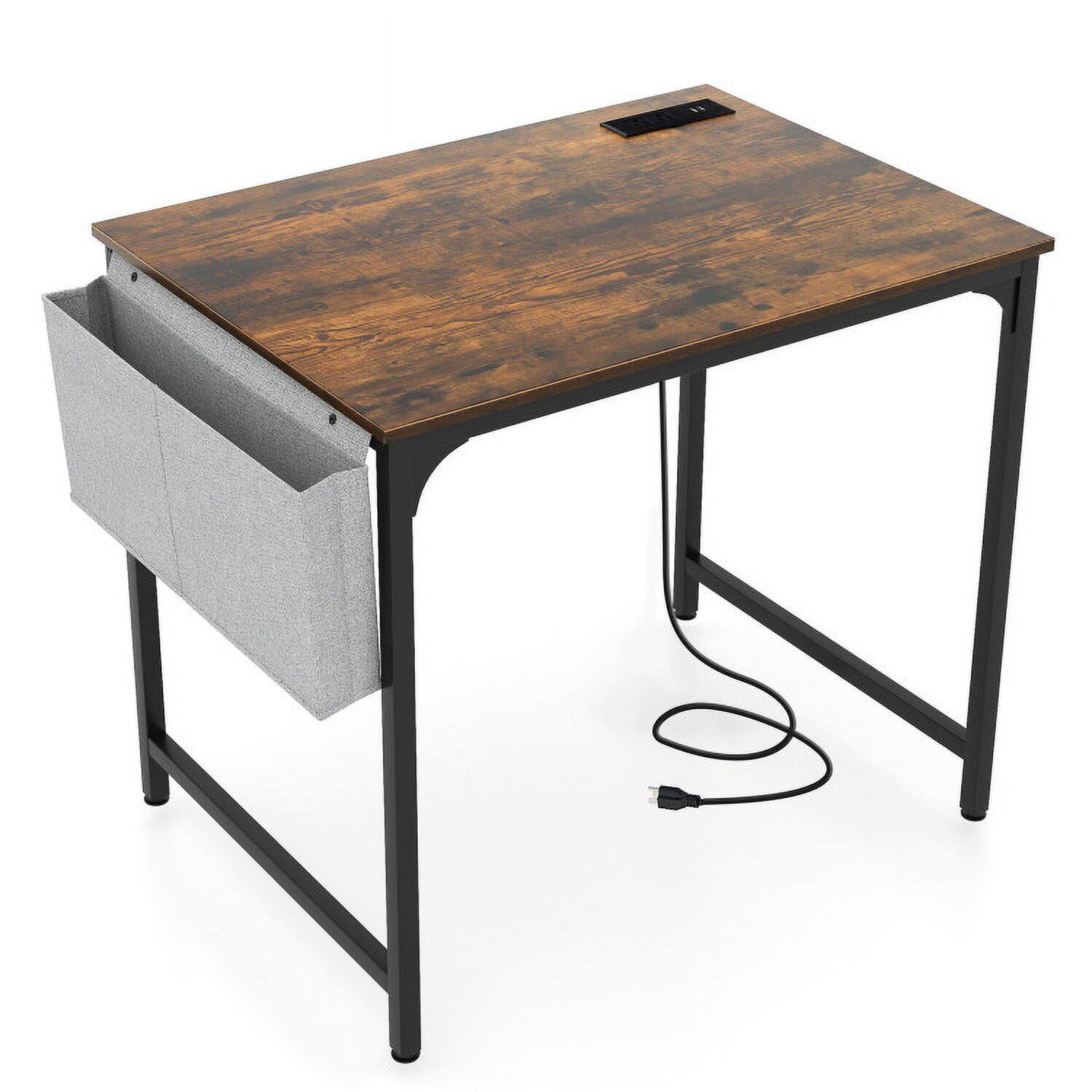 Angle. Pefilos - 32 Inch Home Office Desk with Charging Station Storage Bag & Headphone Hook-Rustic Brown, Office Desk, Desks, Working - Brown.