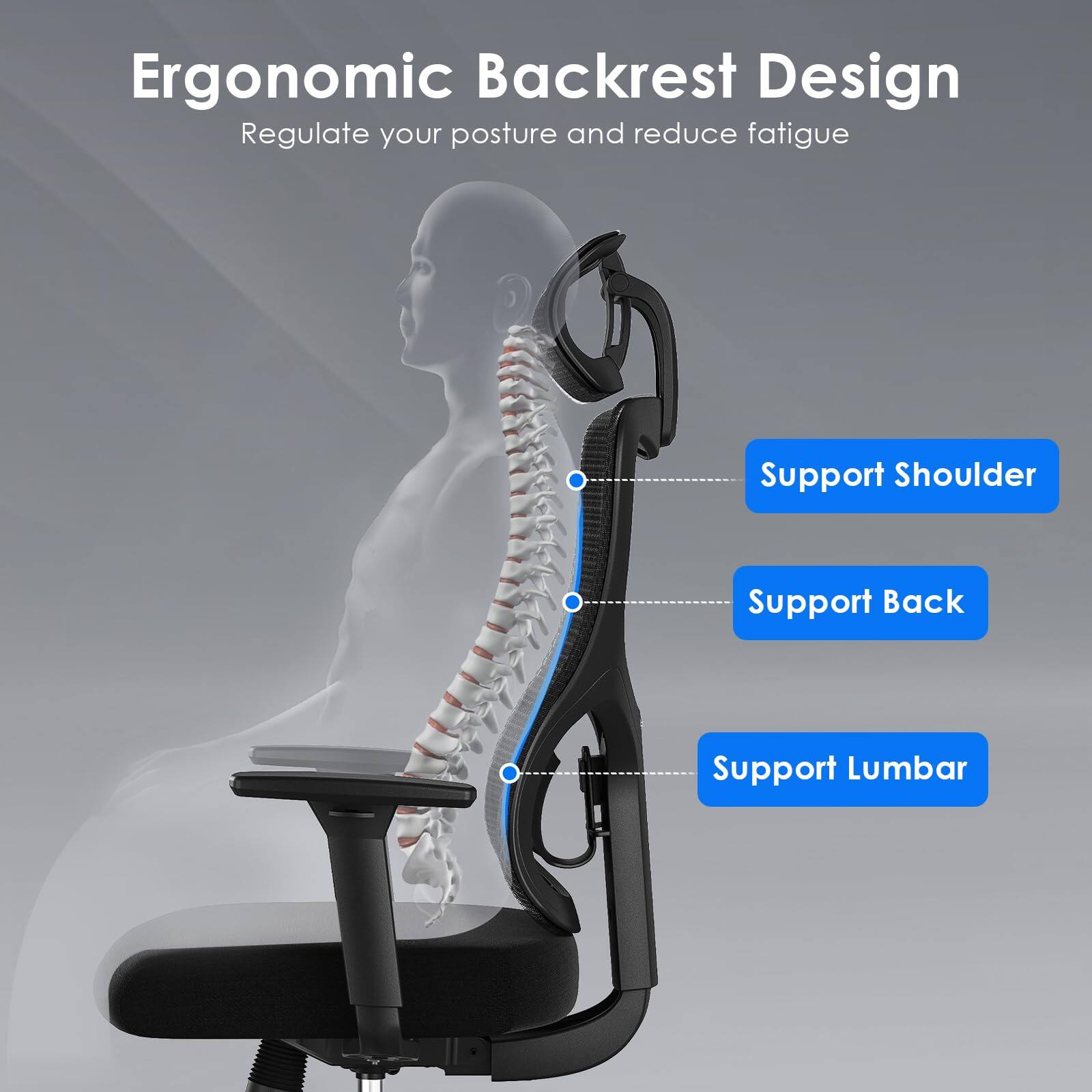 Ergonomic Backrest Design  
Regulate your posture and reduce fatigue  

- Support Shoulder  
- Support Back  
- Support Lumbar