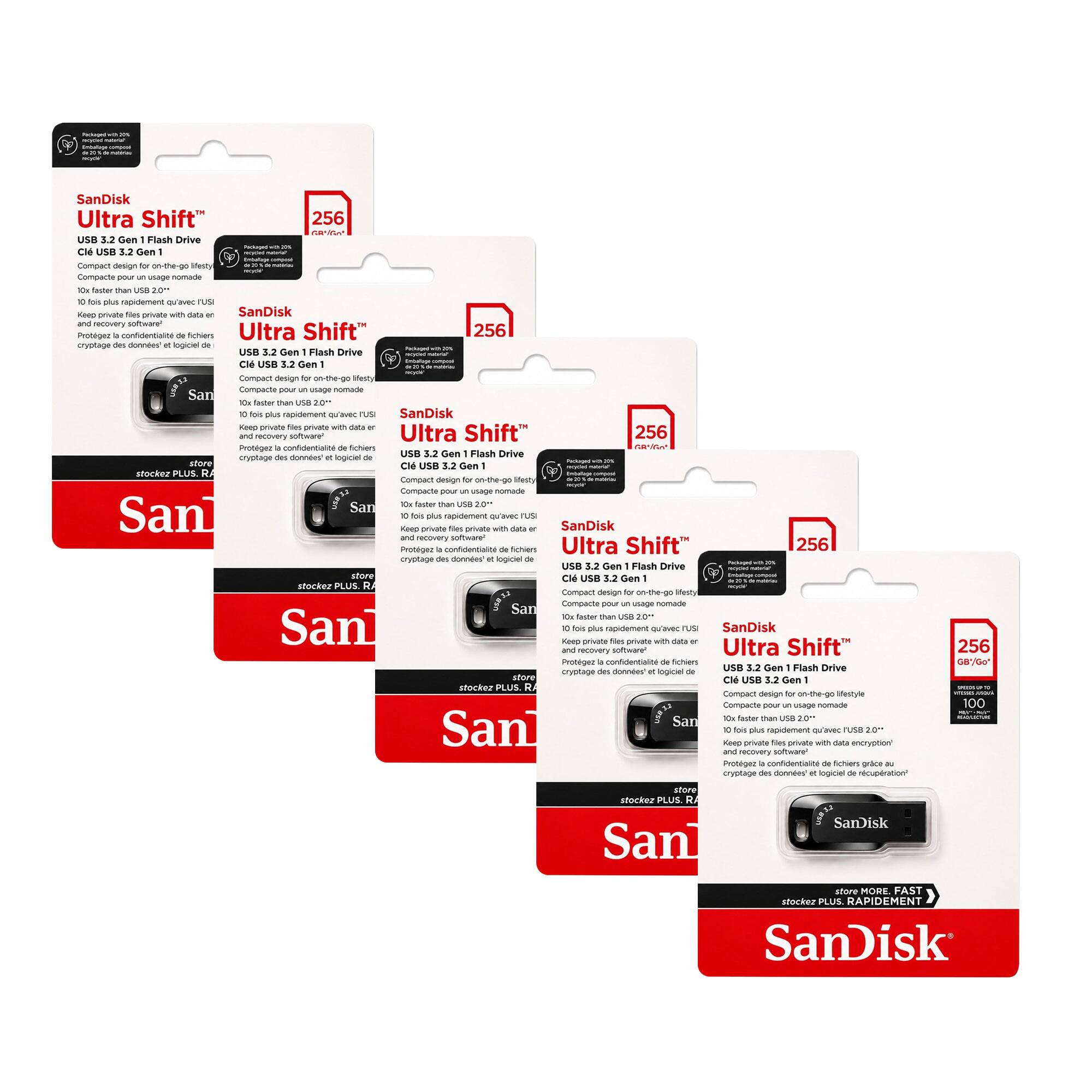 SanDisk Ultra Shift™  
USB 3.2 Gen 1 Flash Drive  
256 GB  

Compact design for on-the-go lifestyles  
10x faster than USB 2.0*  
Keep private files private with data encryption  
Protecte les fichiers confidentiels grâce au cryptage des données et au logiciel de récupération  

SanDisk Ultra Shift™  
USB 3.2 Gen 1 Flash Drive  
256 GB  

Compact design for on-the-go lifestyles  
10x faster than USB 2.0*  
Keep private files private with data encryption  
Protecte les fichiers confidentiels grâce au cryptage des données et au logiciel de récupération  

SanDisk Ultra Shift™  
USB 3.2 Gen 1 Flash Drive  
256 GB  

Compact design for on-the-go lifestyles  
10x faster than USB 2.0*  
Keep private files private with data encryption  
Protecte les fichiers confidentiels grâce au cryptage des données et au logiciel de récupération  

SanDisk Ultra Shift™  
USB 3.2 Gen 1 Flash Drive  
256 GB  

Compact design for on-the-go lifestyles  
10x faster than USB 2.0