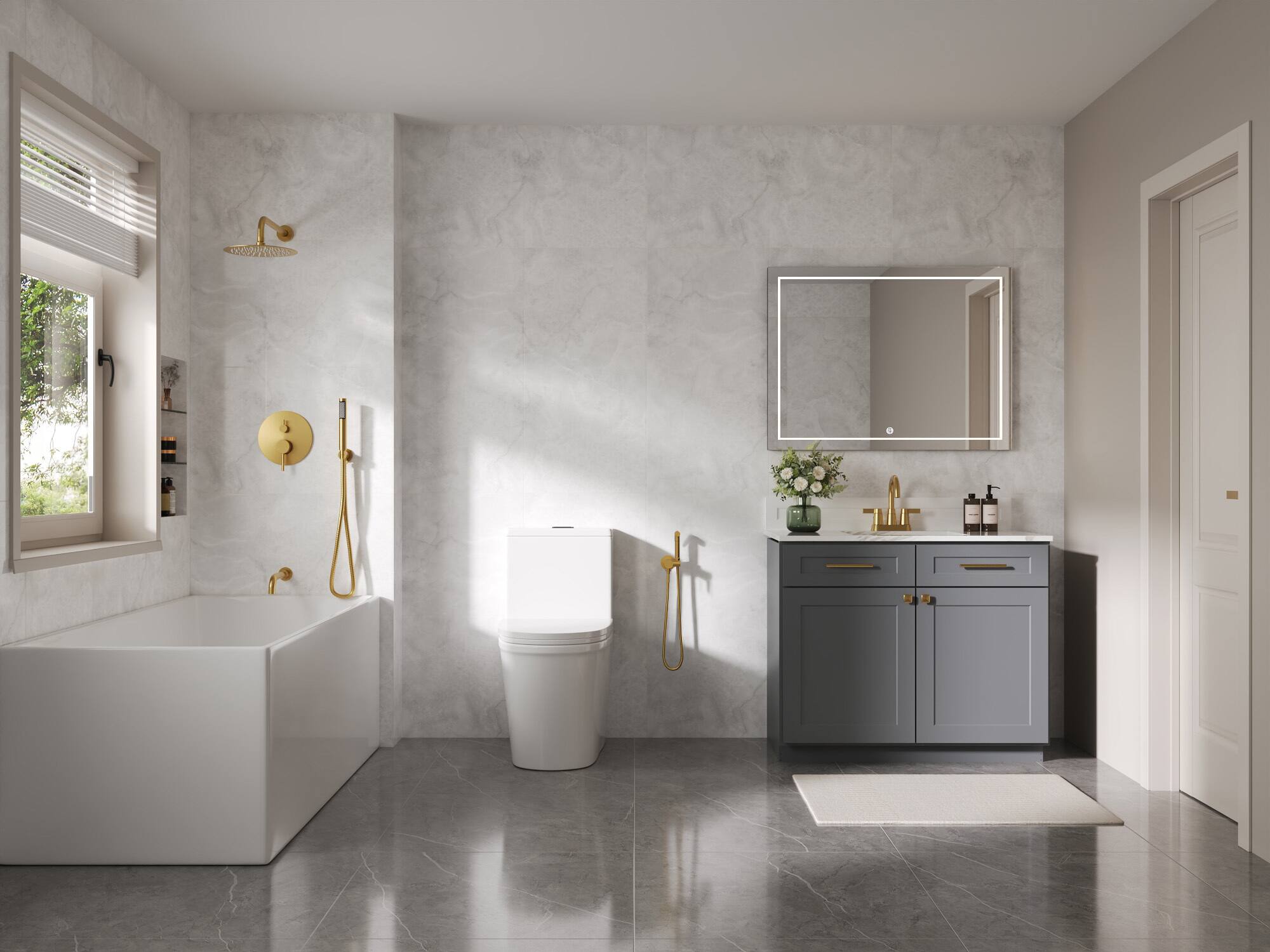 Left. GRANDJOY - Handheld Bidet Faucet with Hot and Cold Mixing Valve, Wall Mount  - Brushed Gold.