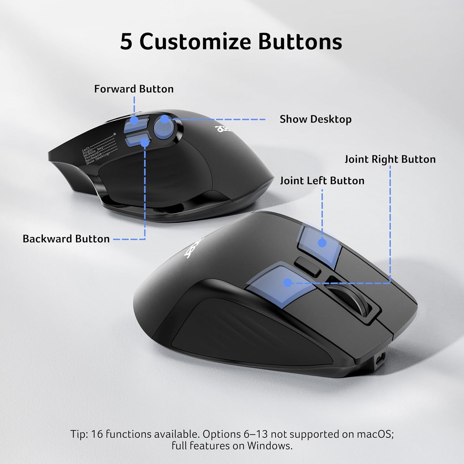 5 Customize Buttons

Forward Button  
Show Desktop  
Joint Right Button  
Joint Left Button  
Backward Button  

Tip: 16 functions available. Options 6-13 not supported on macOS; full features on Windows.
