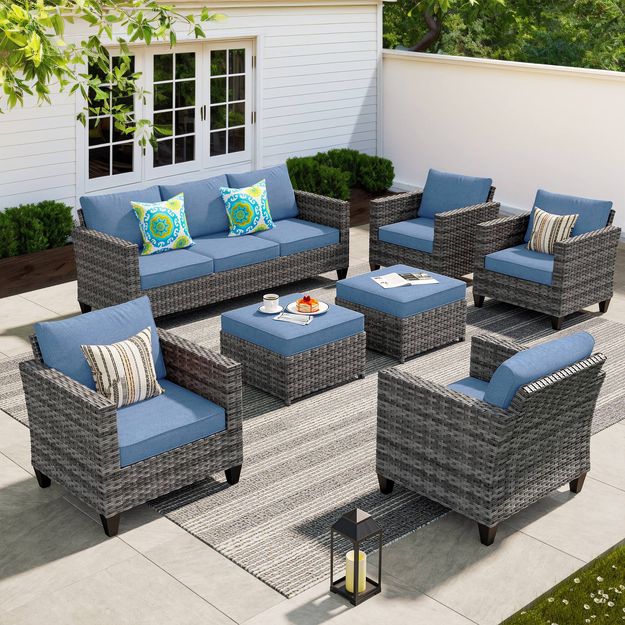 Front. Ovios - 7 PCS Patio Furniture Set All-Weather Rattan 3 Seat Sofa with Comfy Armchairs & Ottomans - Denim Blue.