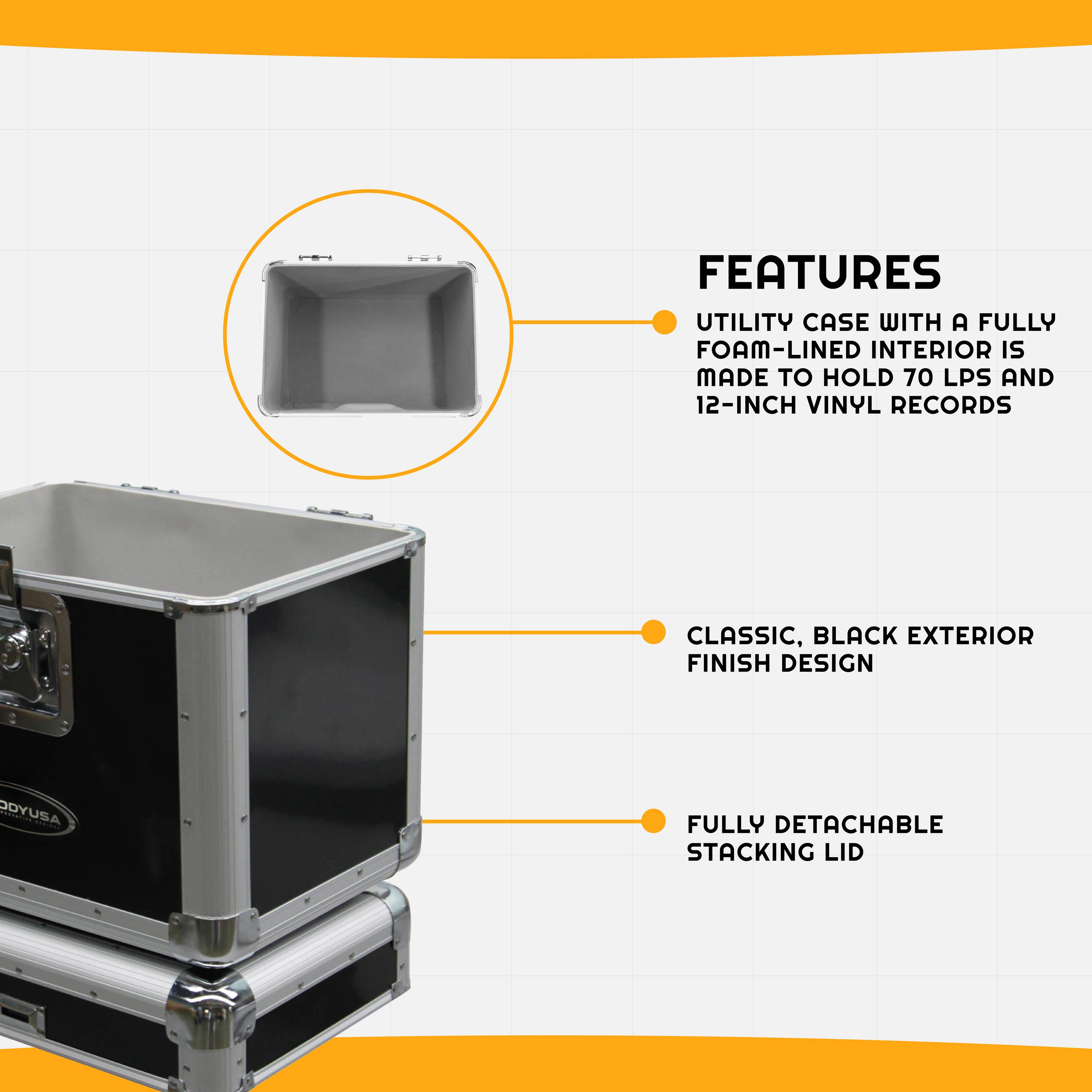 - Utility case with a fully foam-lined interior is made to hold 70 LPs and 12-inch vinyl records
- Classic, black exterior finish design
- Fully detachable stacking lid