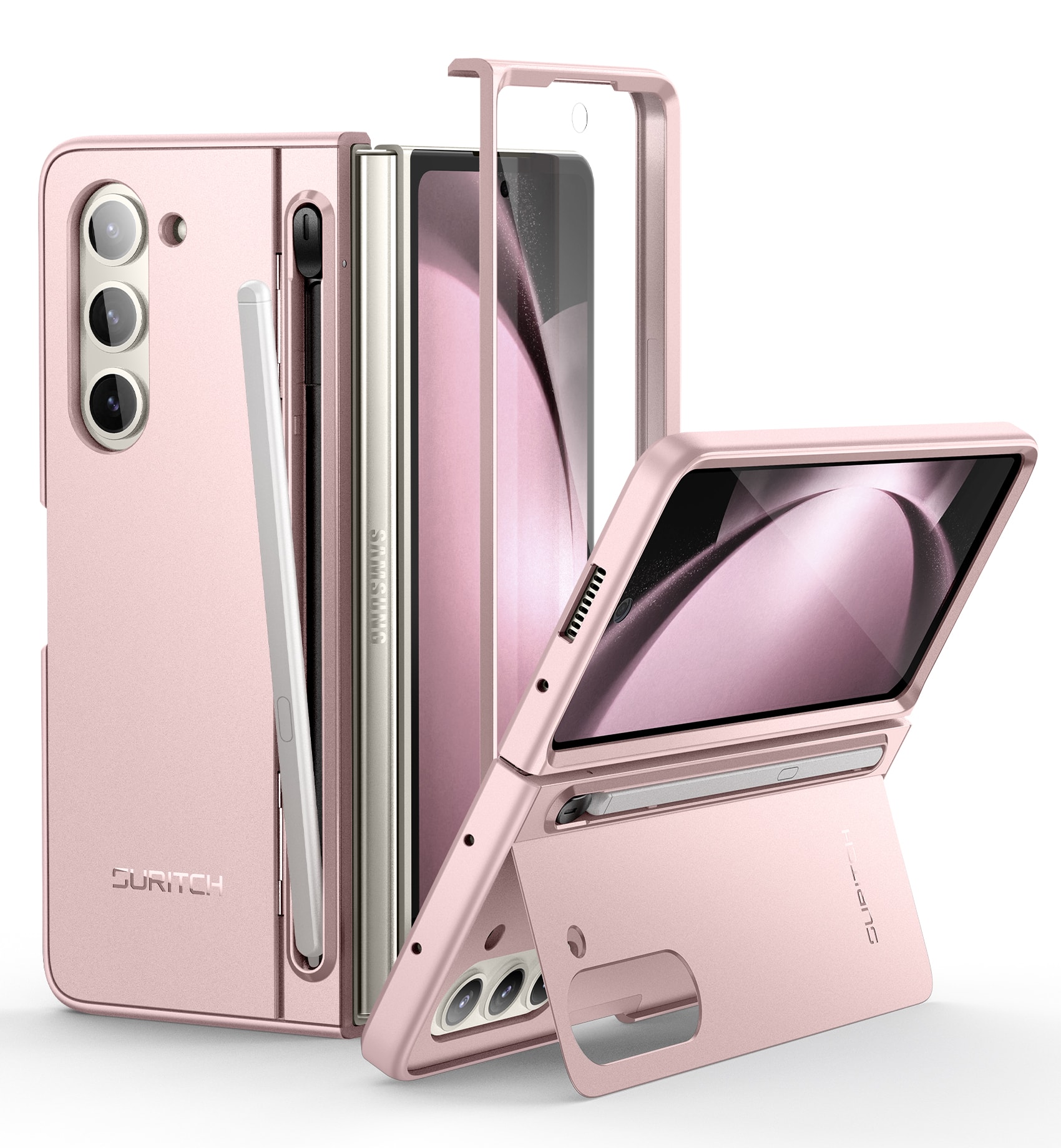 SURITCH - Phone Case for Samsung Galaxy Z Fold 5 with Screen Protection, Kickstand, S Pen Holder,Protective Bumper Cover - Light Pink