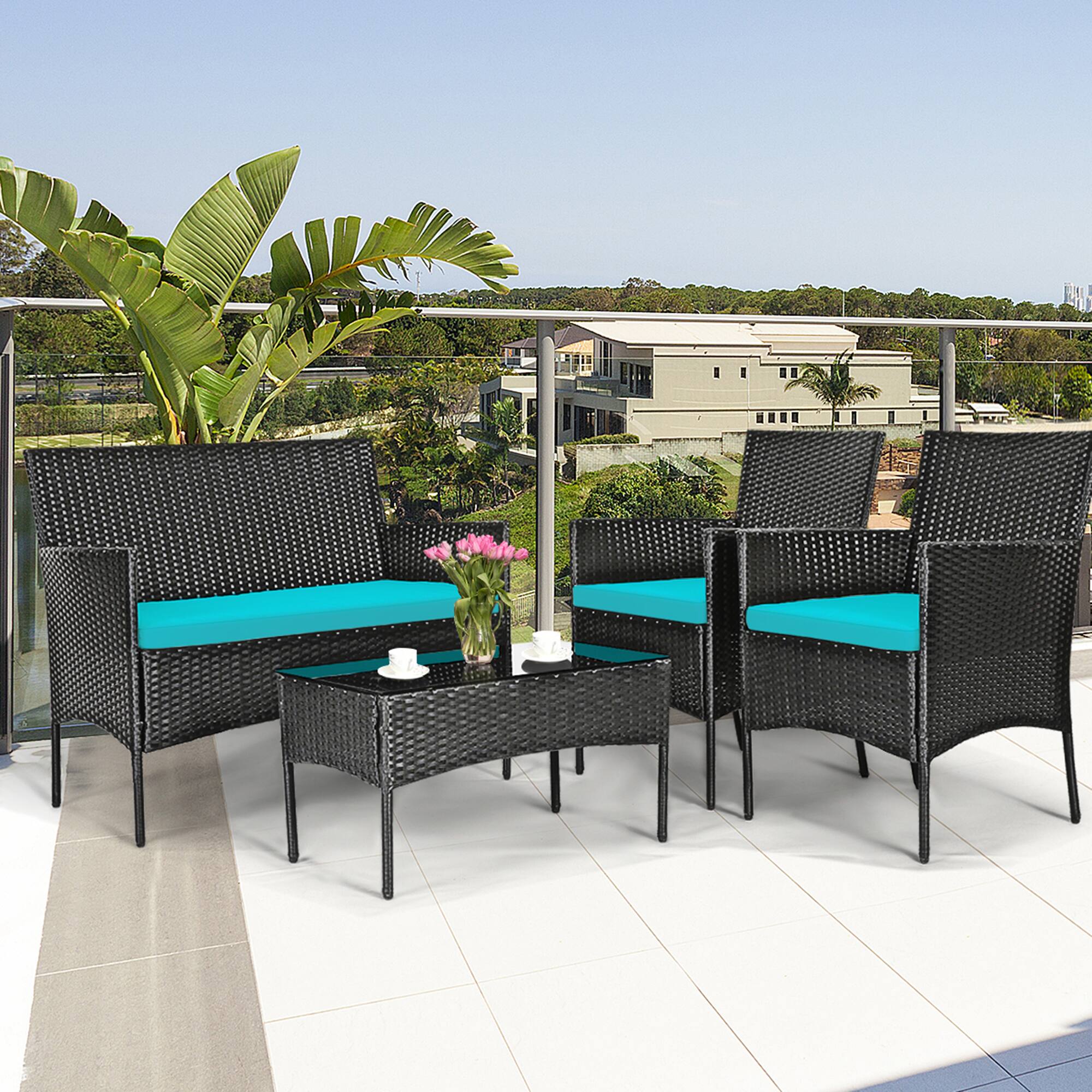 Alt View 5. Gymax - Gymax 8PCS Outdoor Furniture Set Patio Rattan Conversation Set w/ Turquoise Cushion - Turquoise.