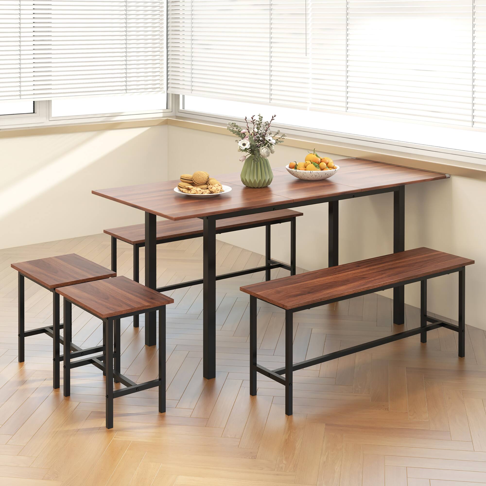 Alt View 1. Gymax - Gymax 5 PCS Dining Table Set for 4-6 w/ 2 Benches & 2 Stools Metal Frame Dining Room Walnut - Walnut.