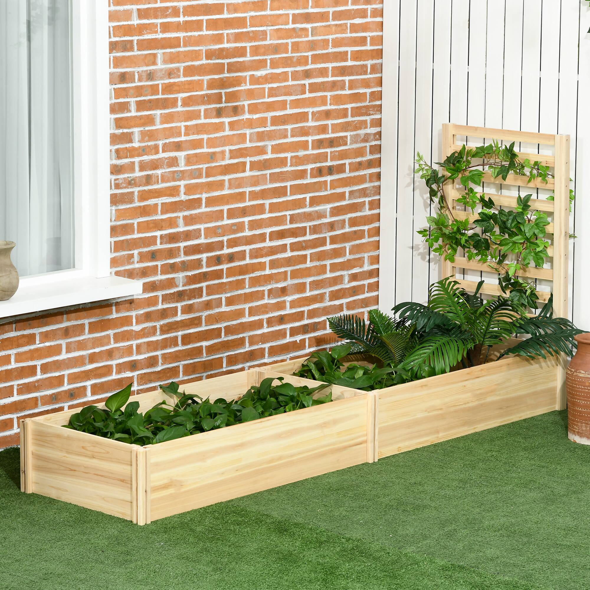Alt View 1. Outsunny - Raised Garden Bed with Trellis and 2 Compartments, 43 Inch Wooden Planter Box Kit for Outdoor Plants, Vegetables - Natural Wood.